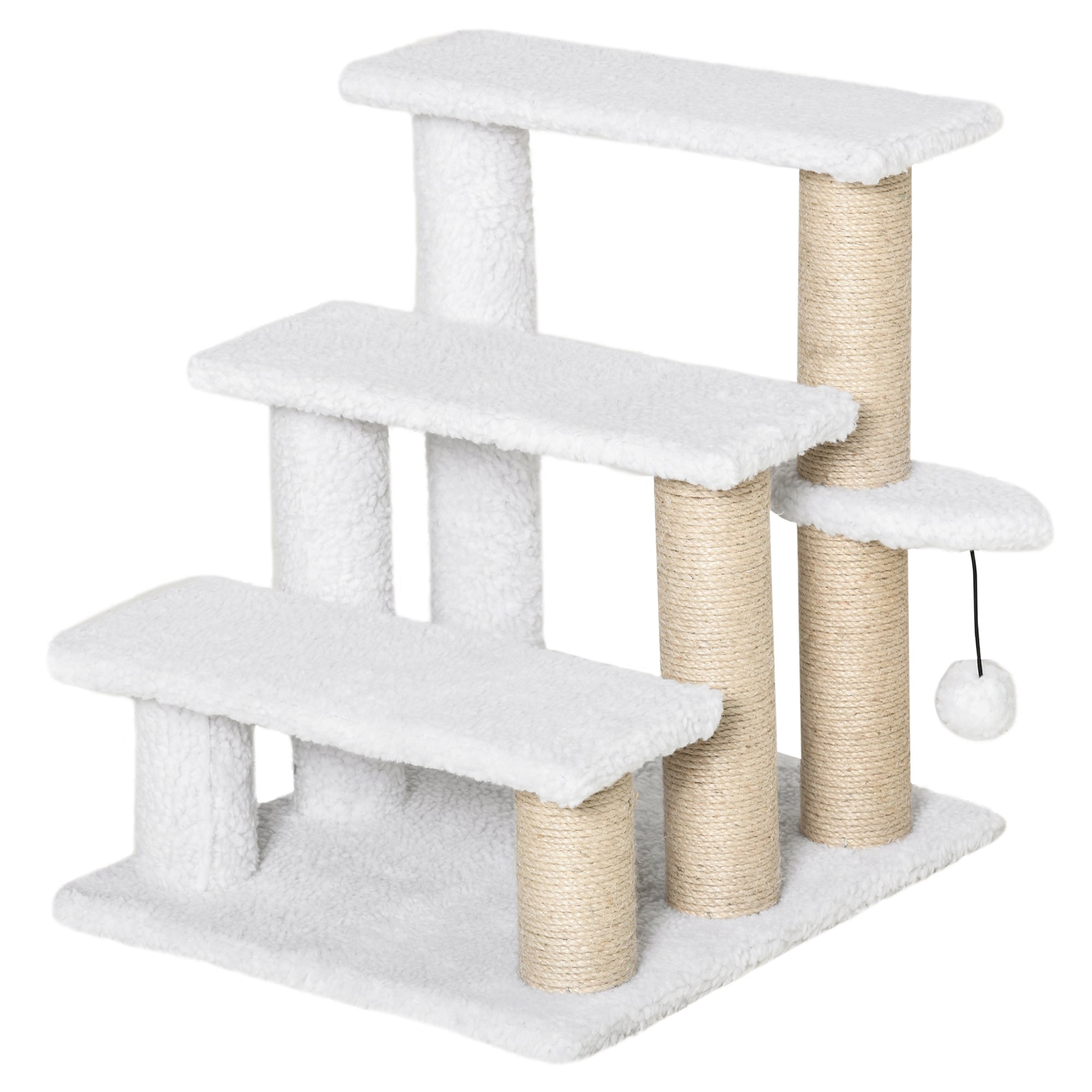 PawHut Pet Stair, Cat Tree with 3-step Climb Ladder, Scratching Posts, Platforms, Toy Ball, for Indoor Elderly Cats Kittens, White