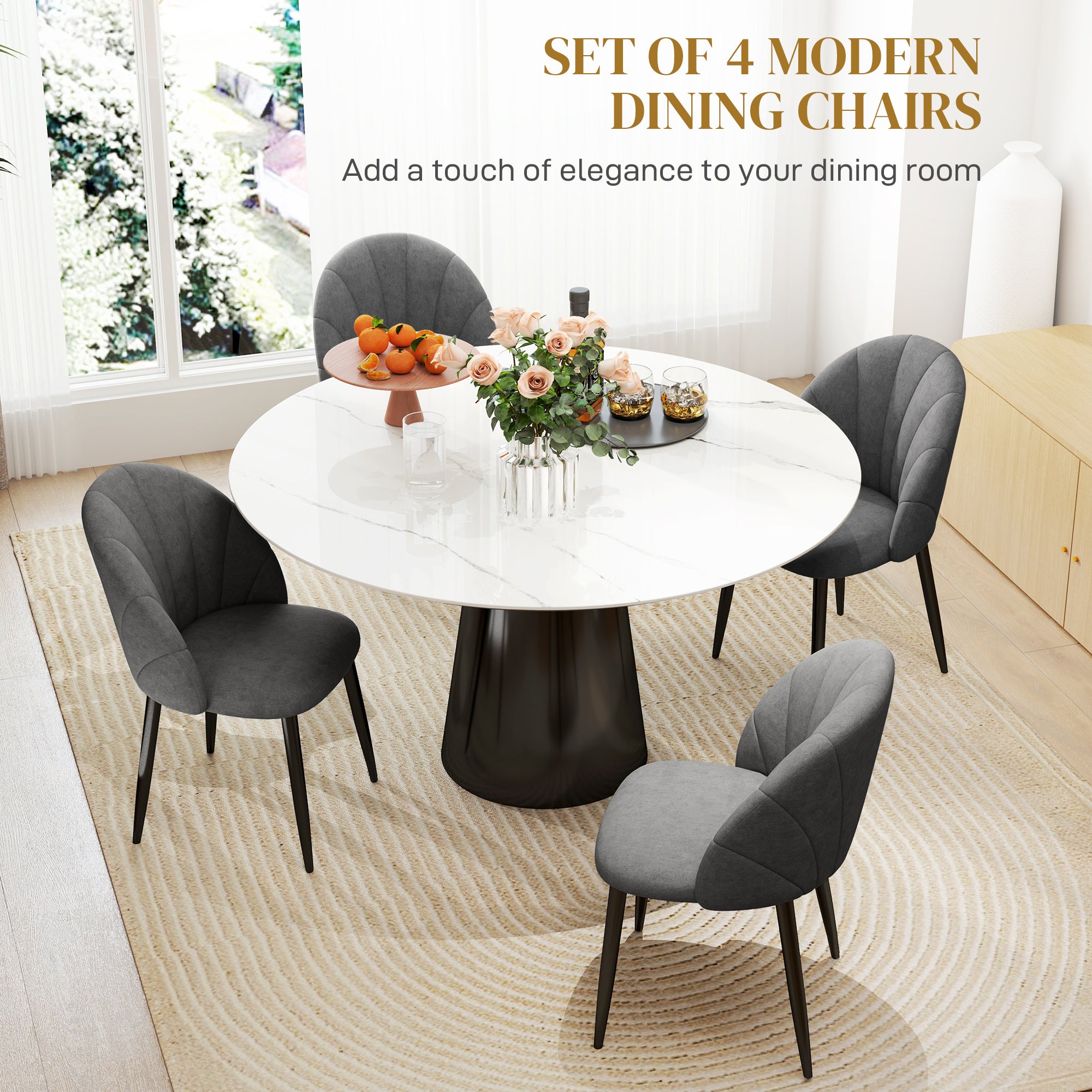 HOMCOM Dining Chairs Set of 4, Modern Upholstered Kitchen Chairs with Metal Legs, Shell Backrest and Padded Seat, Side Chairs for Dining Room, Bedroom, Living Room, Charcoal Grey