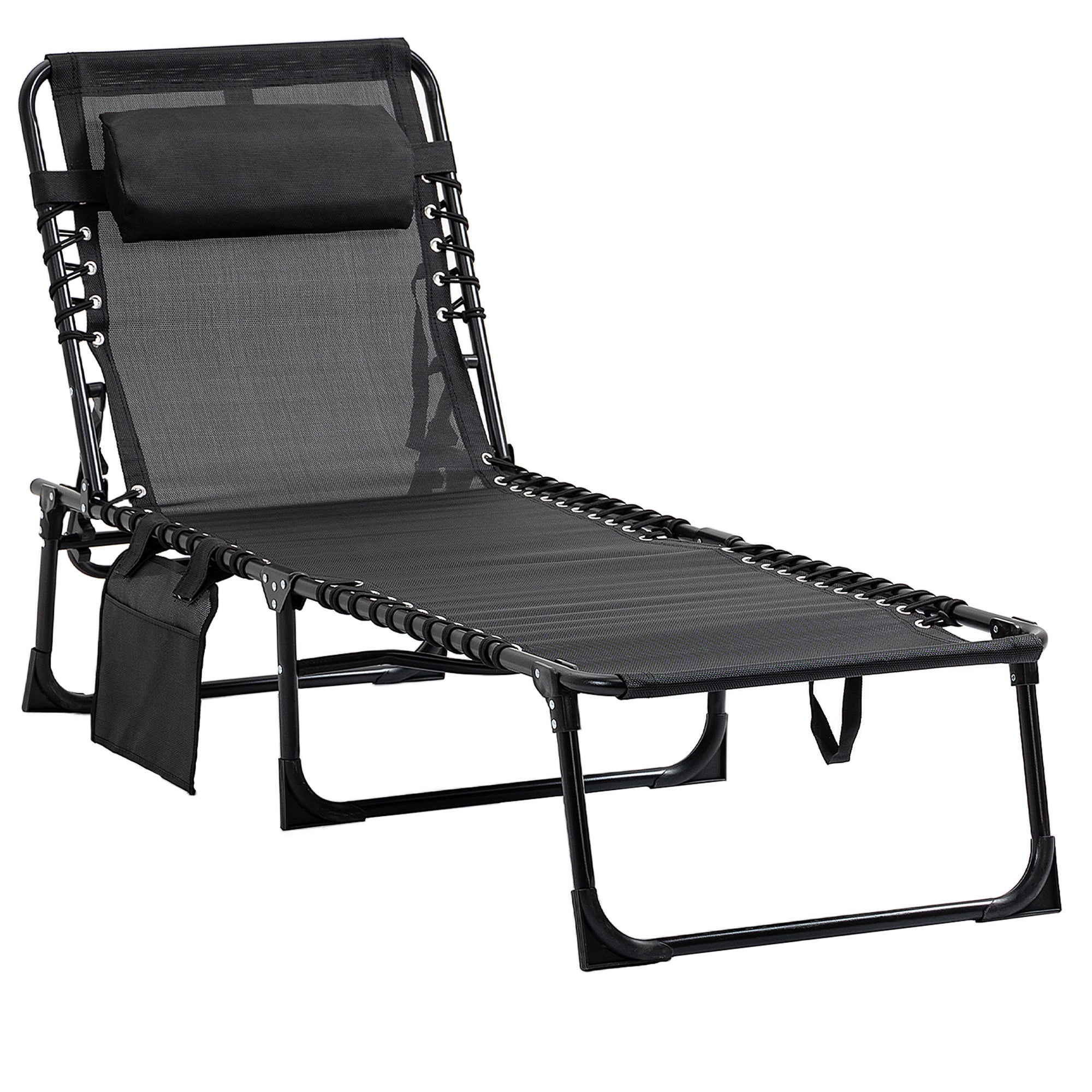 Outsunny Folding Lounge Chair, Reclining Tanning Chair, Portable Sun Lounger with Adjustable Backrest and Removable Pillow for Patio, Garden, Beach, Black