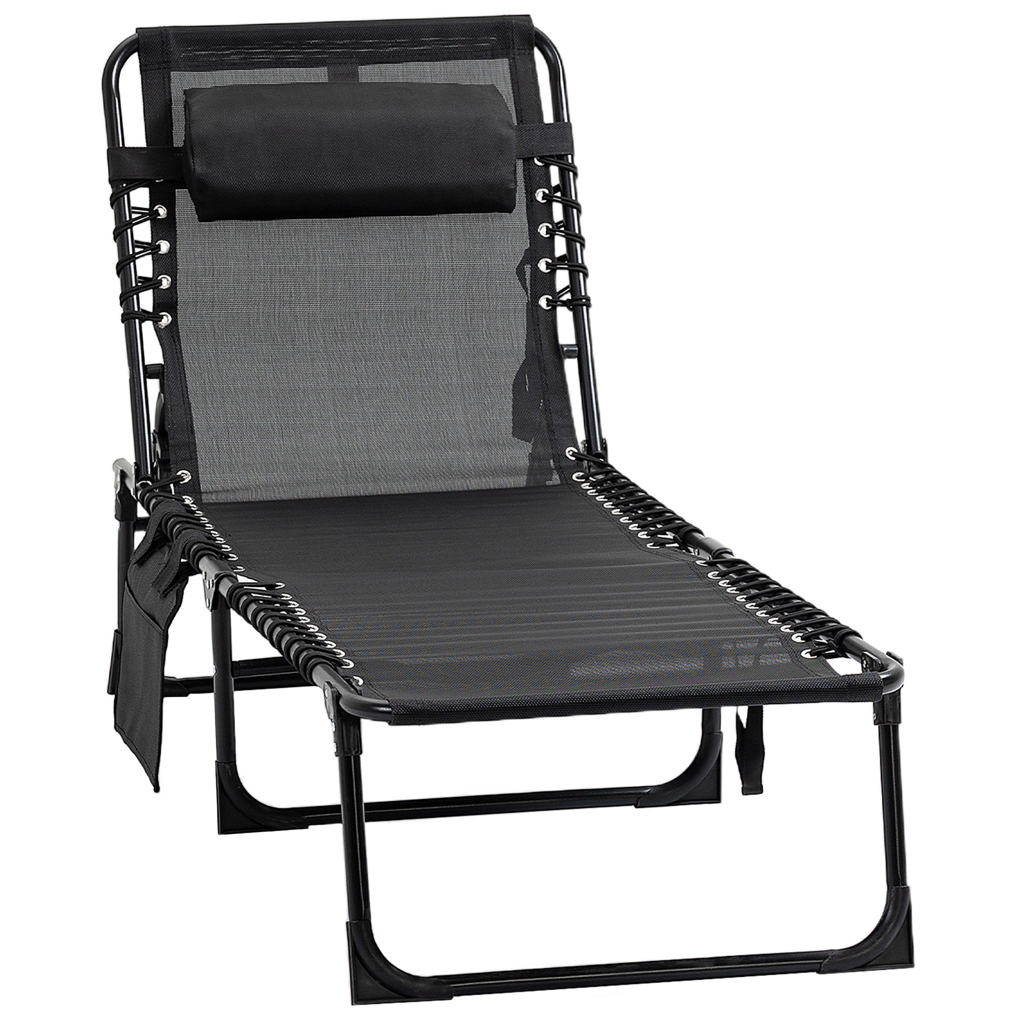 Outsunny Folding Lounge Chair, Reclining Tanning Chair, Portable Sun Lounger with Adjustable Backrest and Removable Pillow for Patio, Garden, Beach, Black