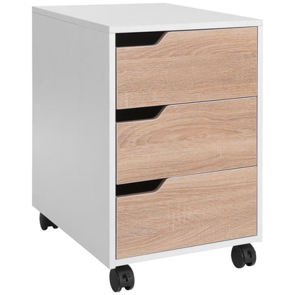 HOMCOM 3 Drawer File Cabinet, Mobile Vertical Filing Cabinet with Wheels, Office Storage Cabinet, Oak