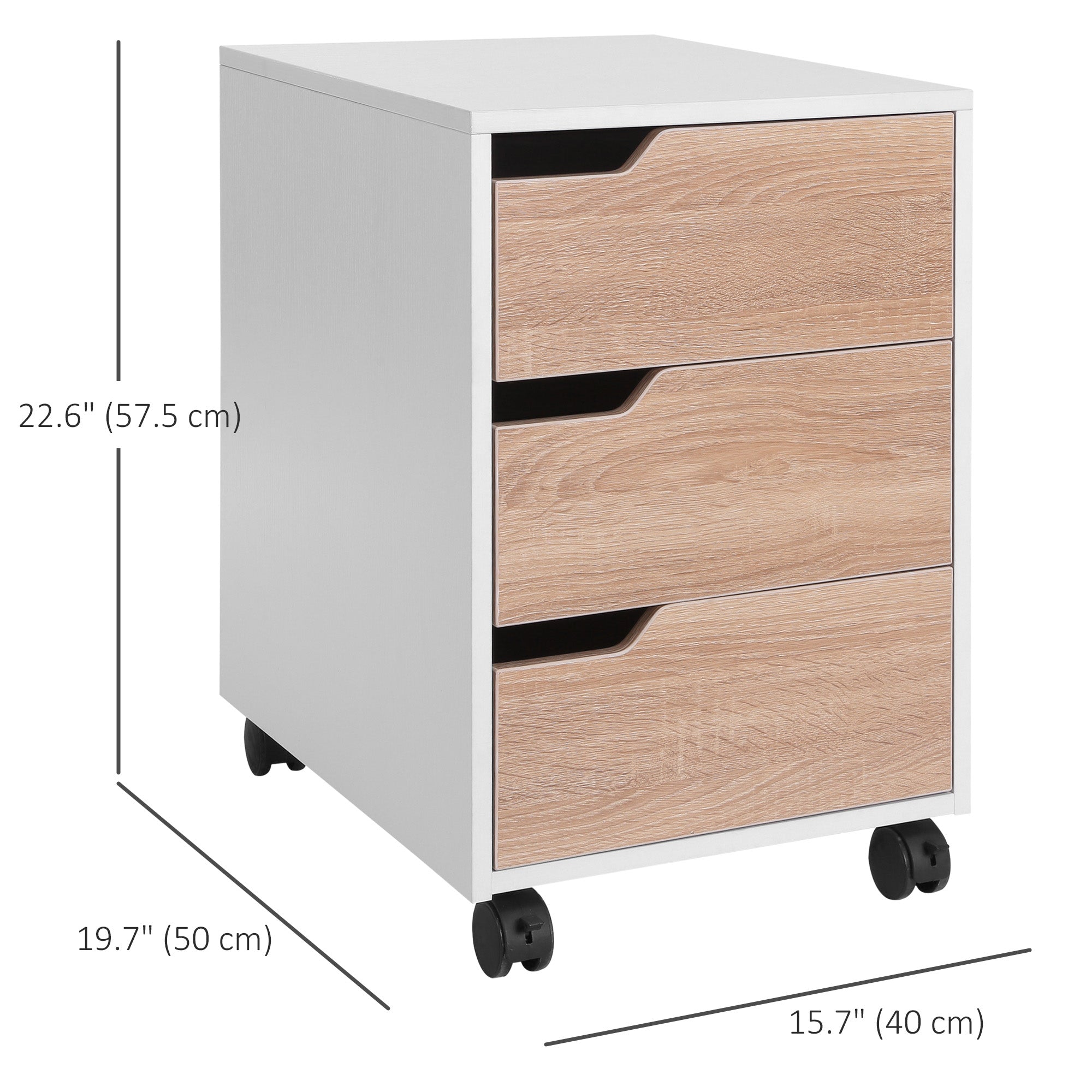 HOMCOM 3 Drawer File Cabinet, Mobile Vertical Filing Cabinet with Wheels, Office Storage Cabinet, Oak