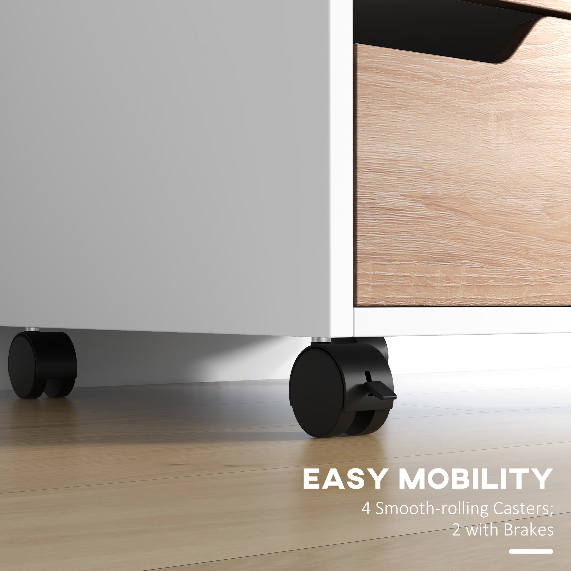 HOMCOM 3 Drawer File Cabinet, Mobile Vertical Filing Cabinet with Wheels, Office Storage Cabinet, Oak