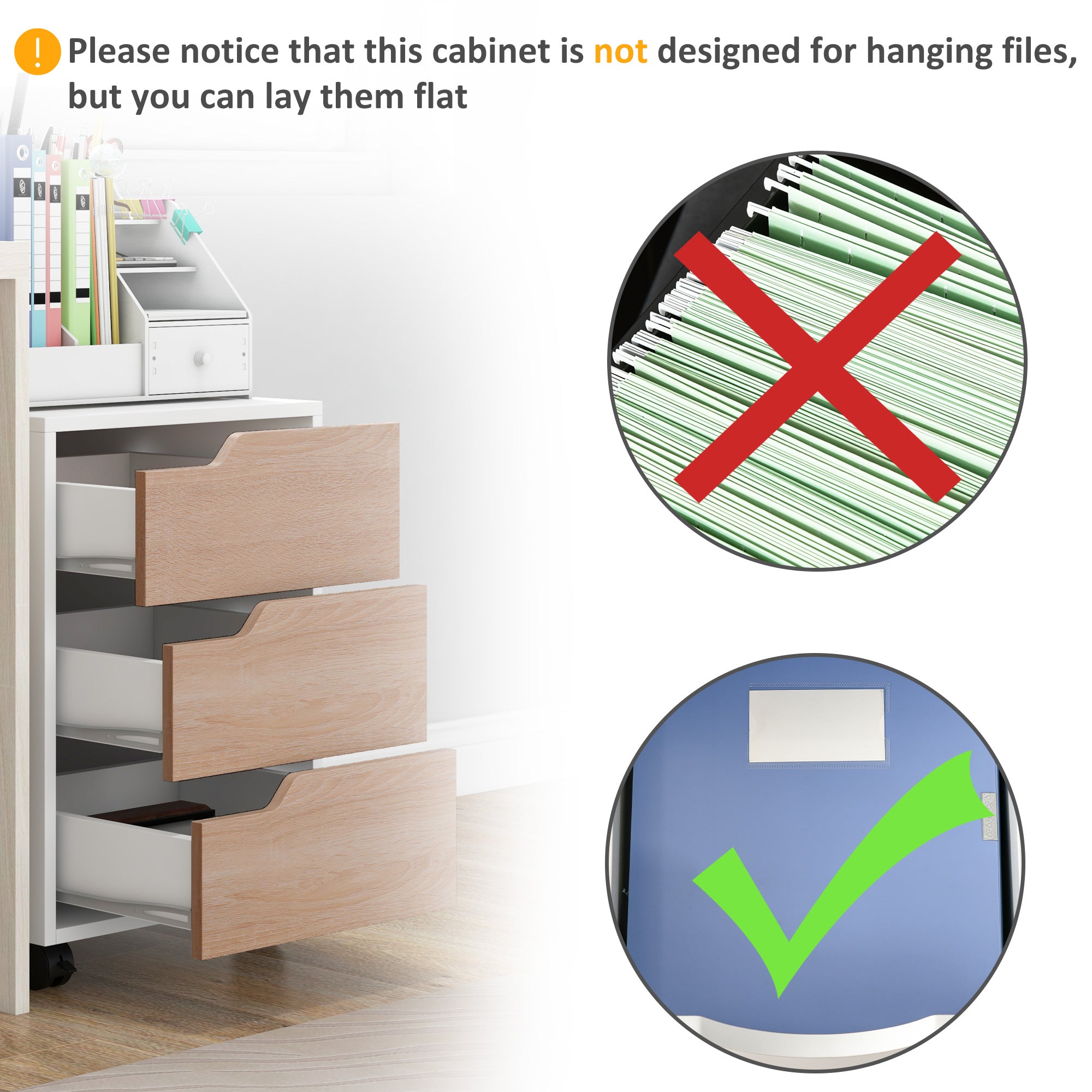 HOMCOM 3 Drawer File Cabinet, Mobile Vertical Filing Cabinet with Wheels, Office Storage Cabinet, Oak