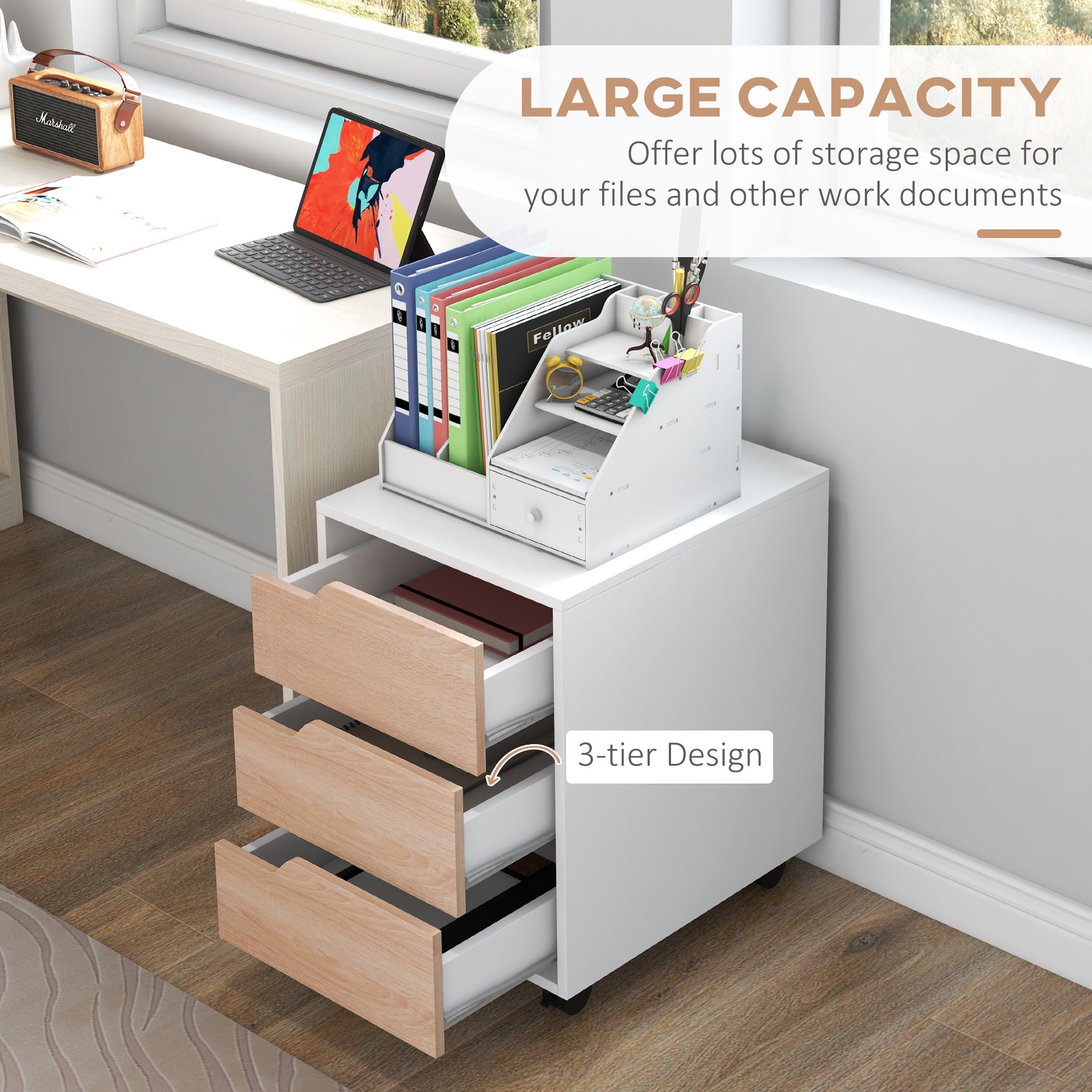HOMCOM 3 Drawer File Cabinet, Mobile Vertical Filing Cabinet with Wheels, Office Storage Cabinet, Oak