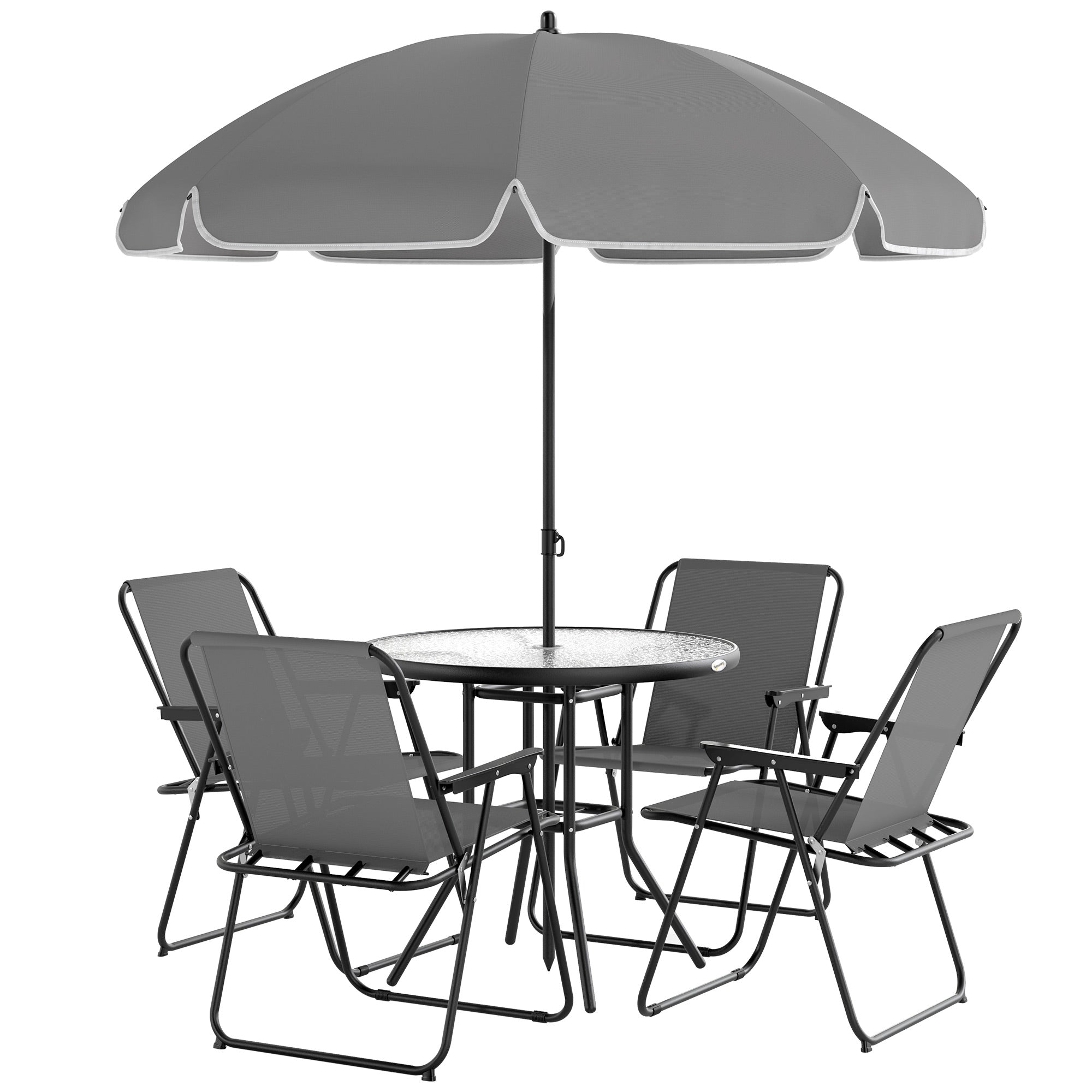 Outsunny 6 Pieces Patio Dining Set for 4, Outdoor Patio Set with Umbrella, Folding Chairs and Glass Table, Patio Furniture Dining Table Set for Garden Backyard Deck, Grey