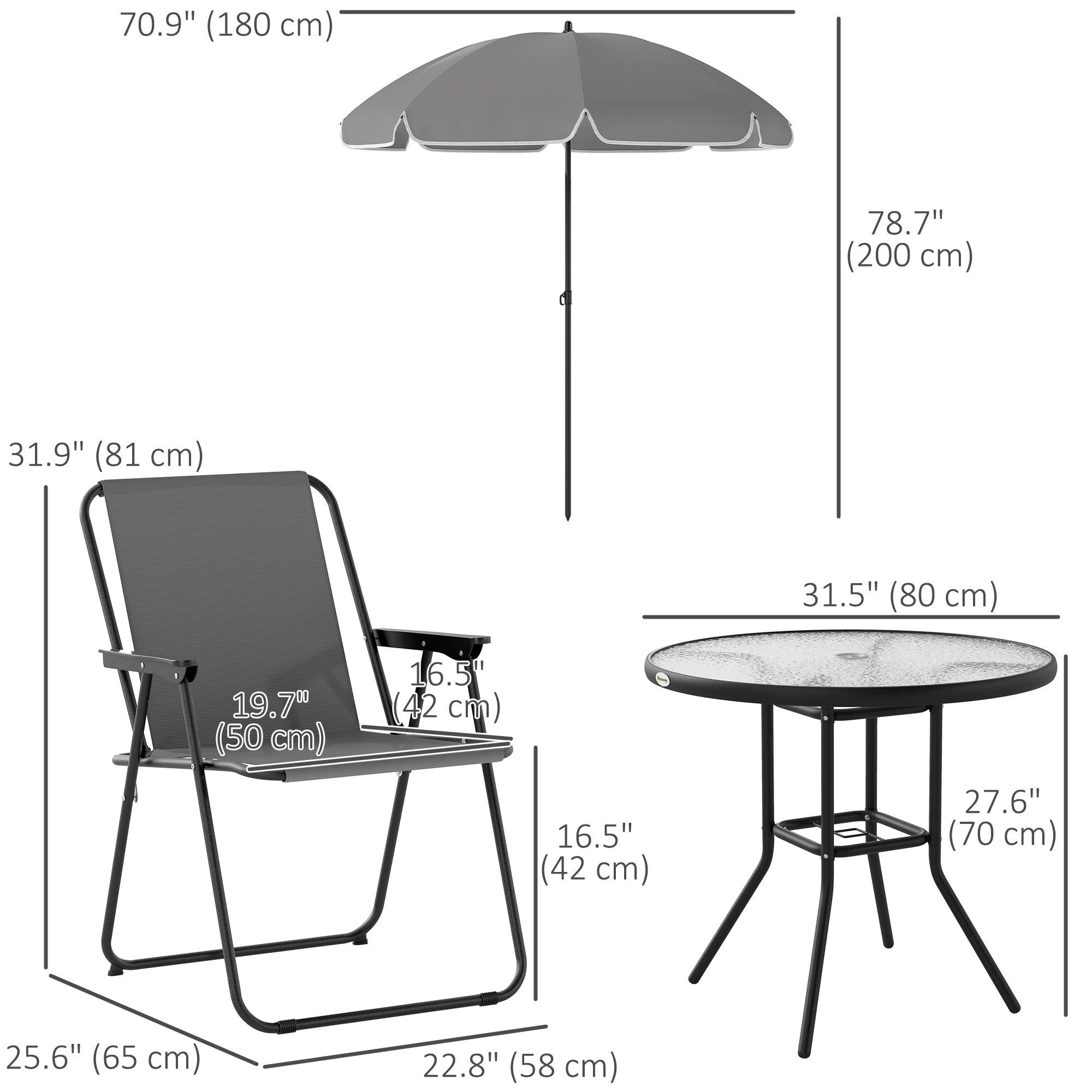 Outsunny 6 Pieces Patio Dining Set for 4, Outdoor Patio Set with Umbrella, Folding Chairs and Glass Table, Patio Furniture Dining Table Set for Garden Backyard Deck, Grey