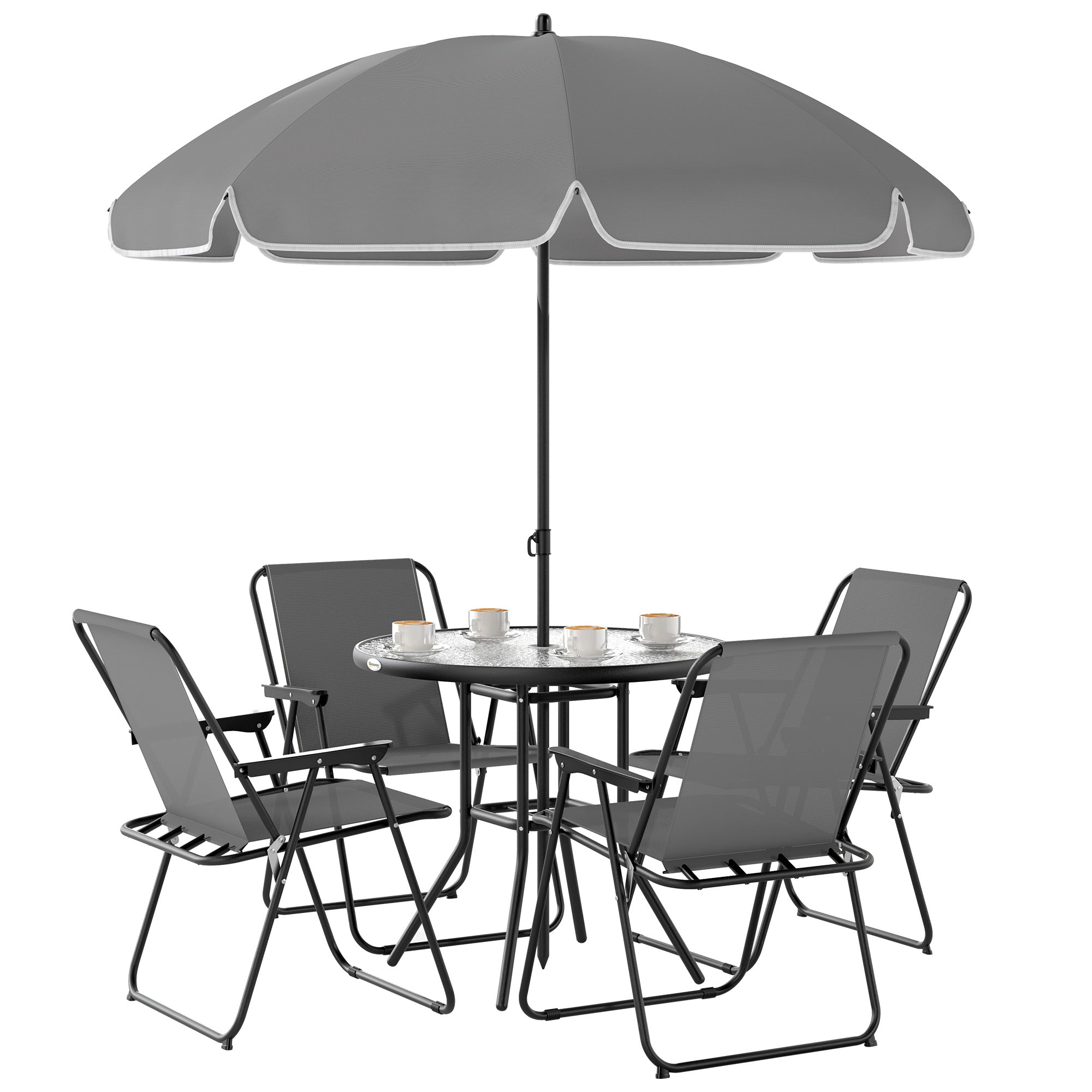 Outsunny 6 Pieces Patio Dining Set for 4, Outdoor Patio Set with Umbrella, Folding Chairs and Glass Table, Patio Furniture Dining Table Set for Garden Backyard Deck, Grey