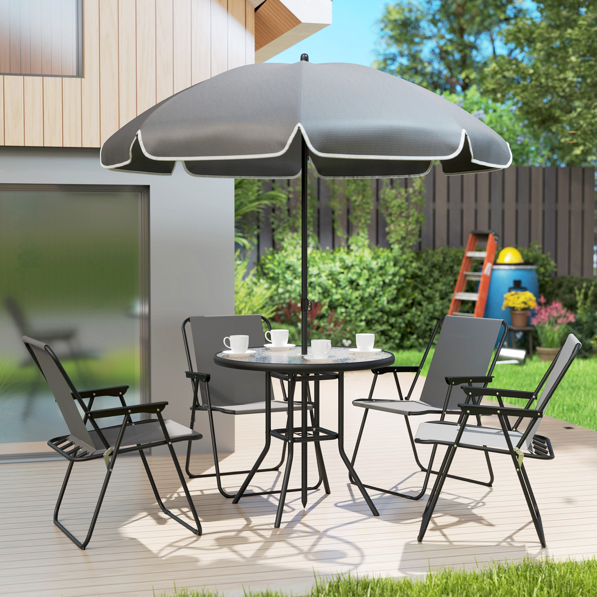 Outsunny 6 Pieces Patio Dining Set for 4, Outdoor Patio Set with Umbrella, Folding Chairs and Glass Table, Patio Furniture Dining Table Set for Garden Backyard Deck, Grey