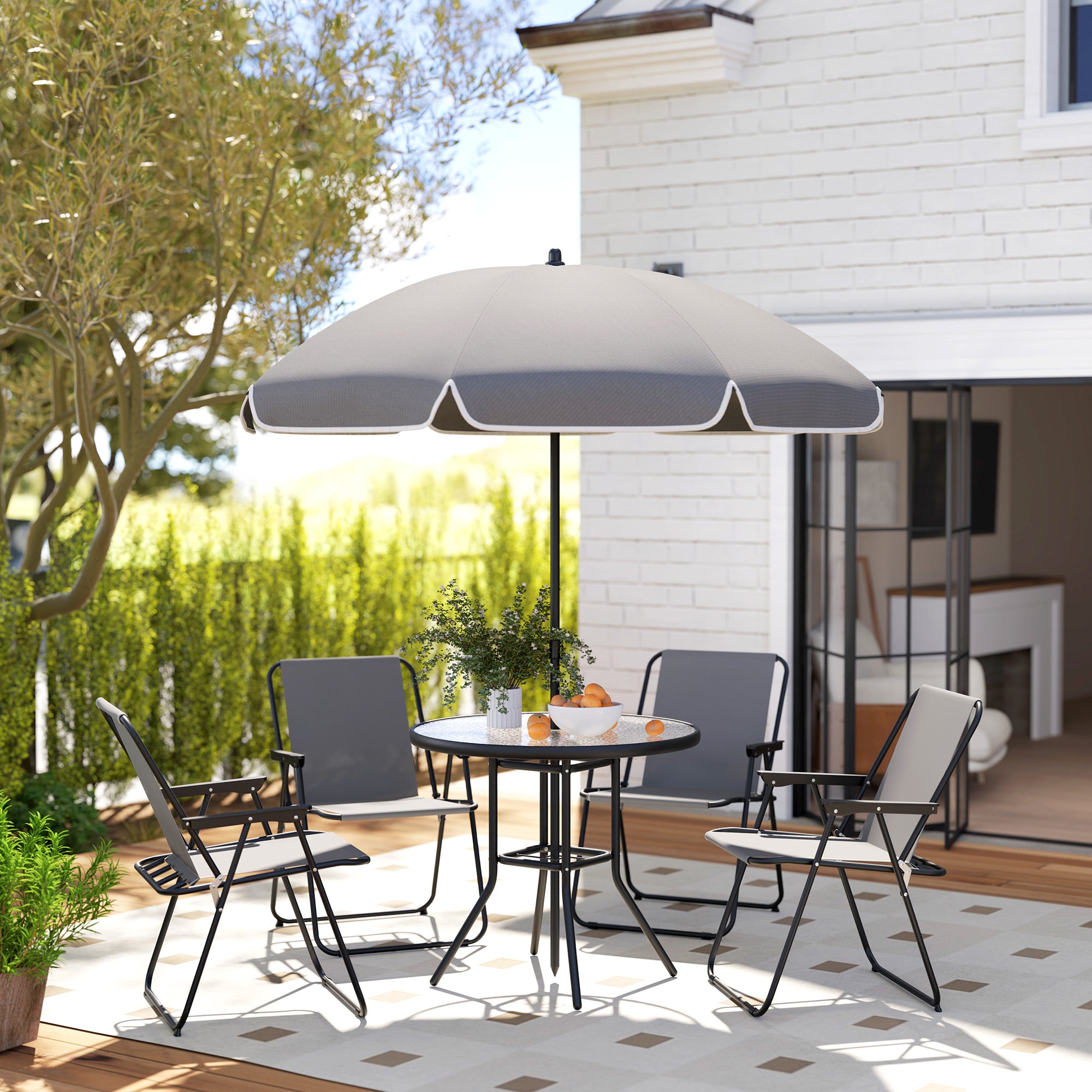 Outsunny 6 Pieces Patio Dining Set for 4, Outdoor Patio Set with Umbrella, Folding Chairs and Glass Table, Patio Furniture Dining Table Set for Garden Backyard Deck, Grey