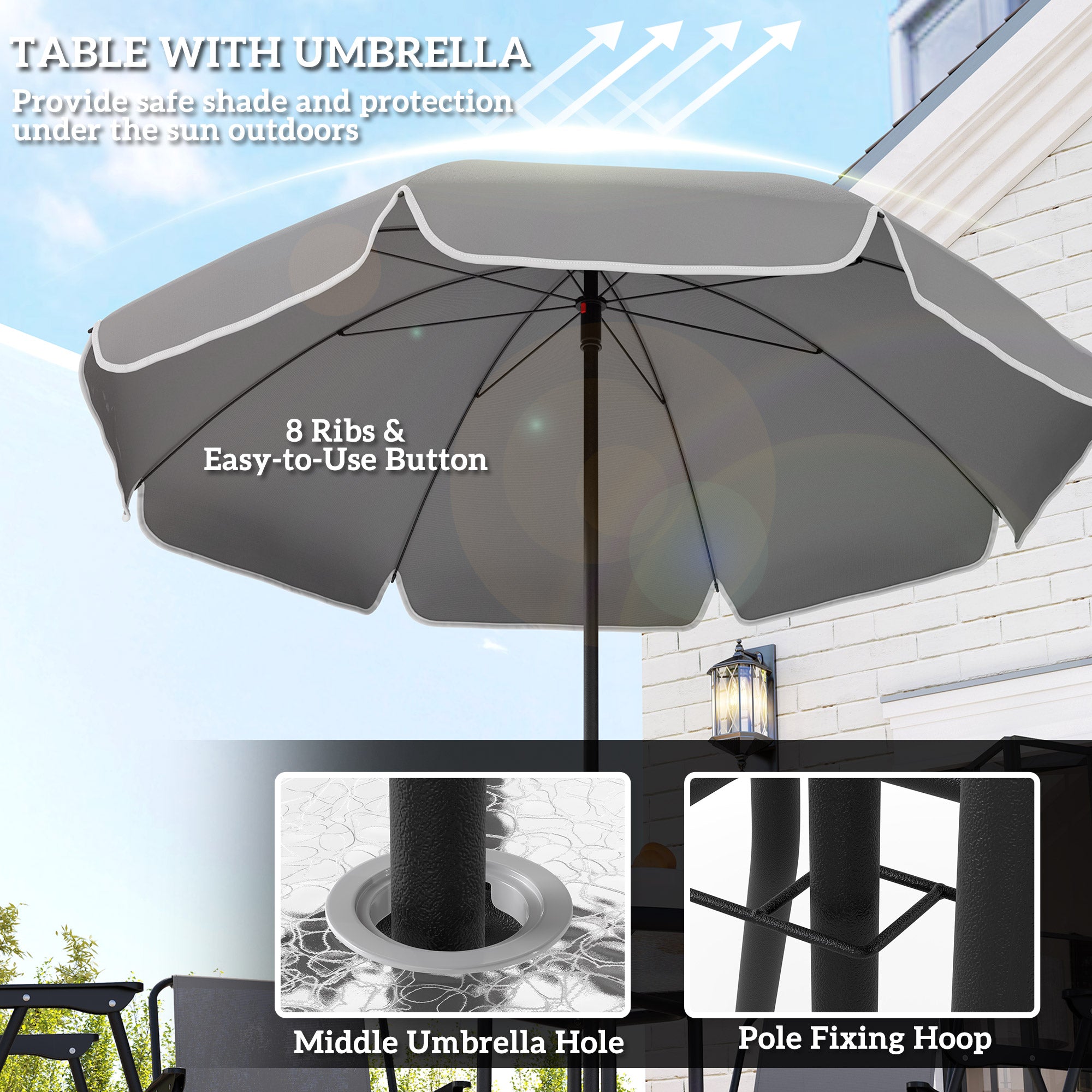 Outsunny 6 Pieces Patio Dining Set for 4, Outdoor Patio Set with Umbrella, Folding Chairs and Glass Table, Patio Furniture Dining Table Set for Garden Backyard Deck, Grey