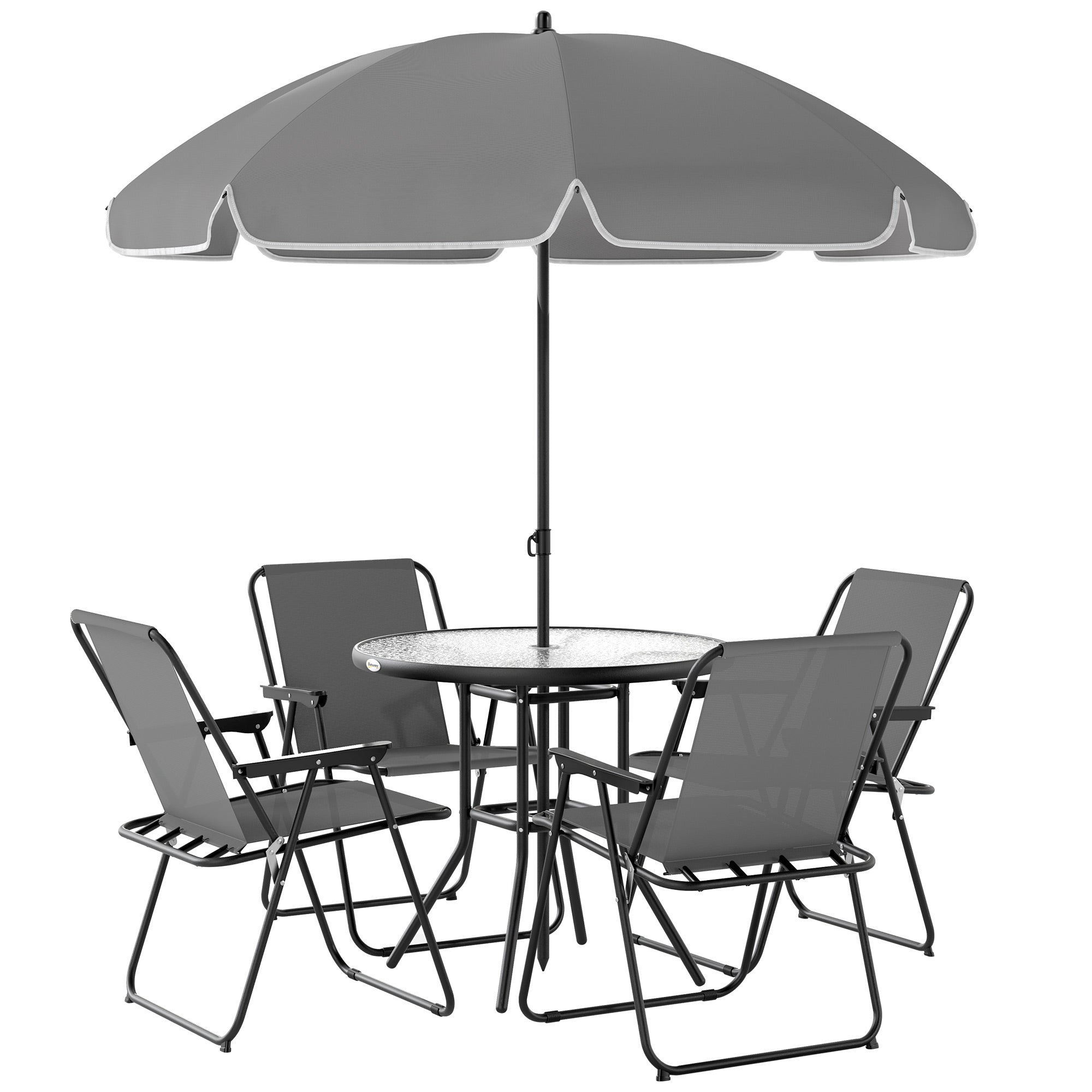 Outsunny 6 Pieces Patio Dining Set for 4, Outdoor Patio Set with Umbrella, Folding Chairs and Glass Table, Patio Furniture Dining Table Set for Garden Backyard Deck, Grey