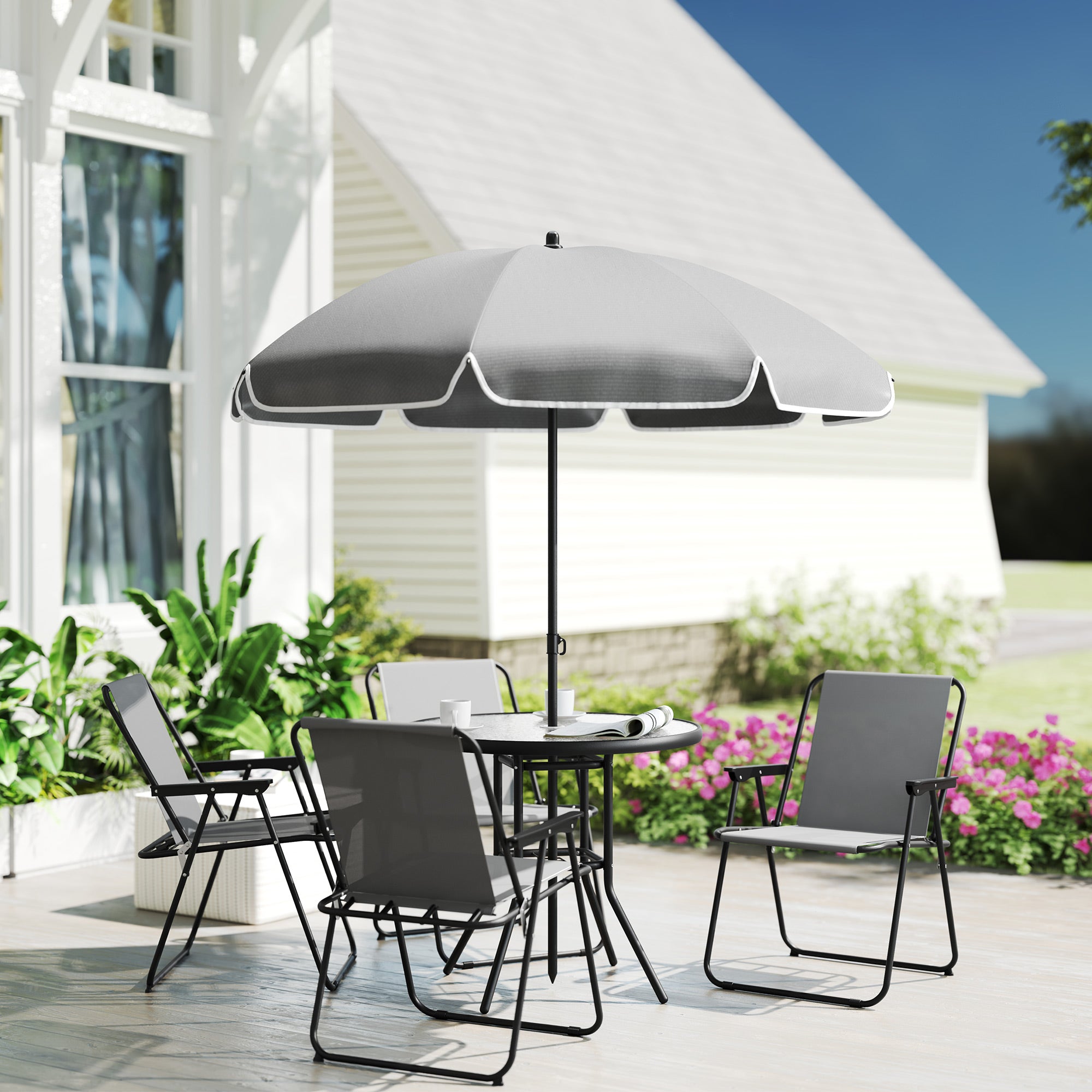Outsunny 6 Pieces Patio Dining Set for 4, Outdoor Patio Set with Umbrella, Folding Chairs and Glass Table, Patio Furniture Dining Table Set for Garden Backyard Deck, Grey