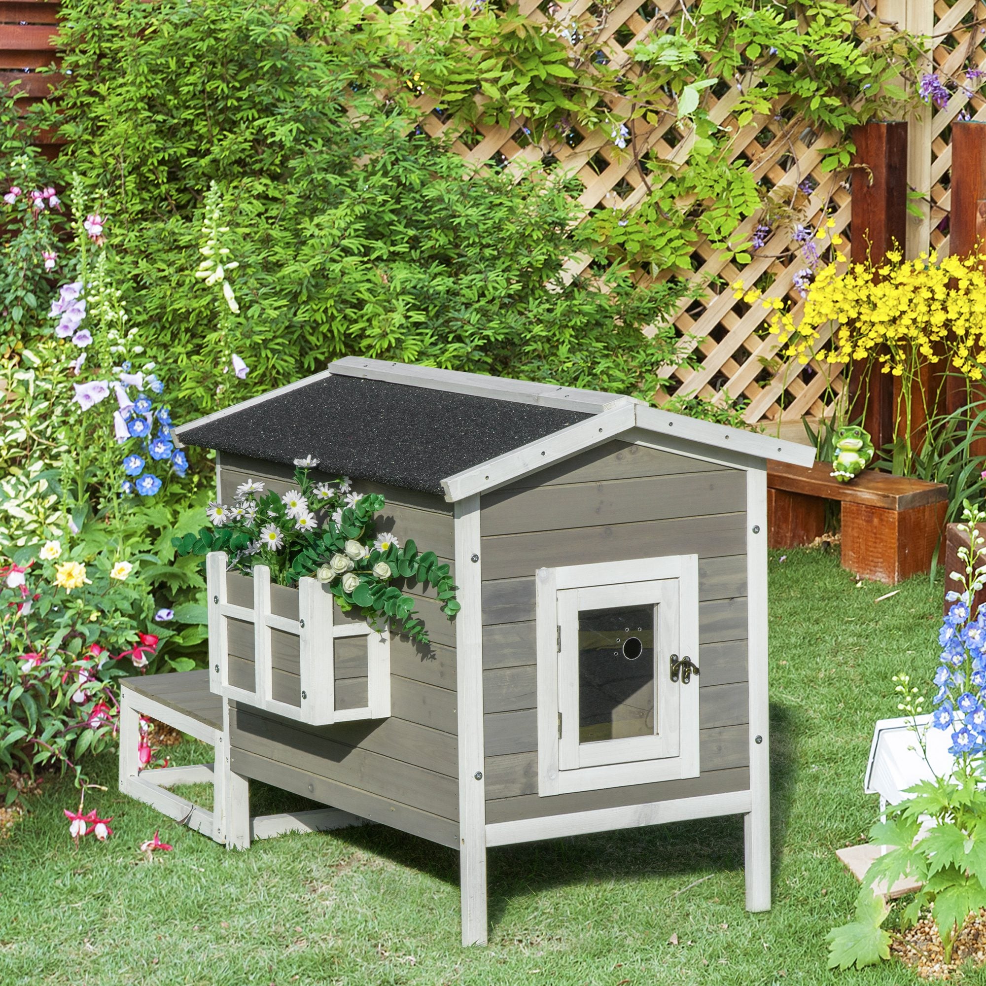 PawHut Wooden Cat House Outdoor with Door, Weatherproof 2-Floor Feral Cat Shelter with Asphalt Roof, Balcony, Dark Gray