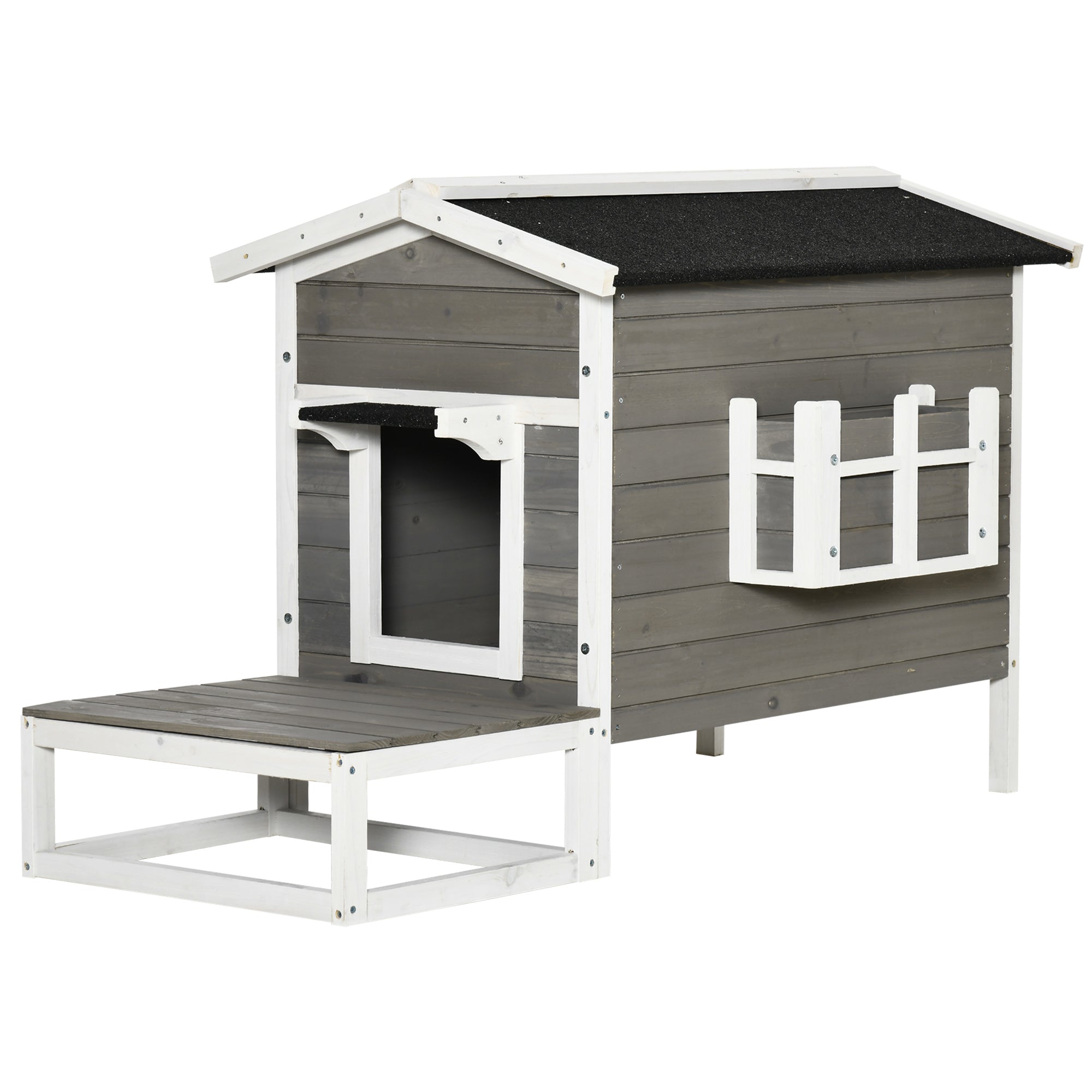 PawHut Wooden Cat House Outdoor with Door, Weatherproof 2-Floor Feral Cat Shelter with Asphalt Roof, Balcony, Dark Gray