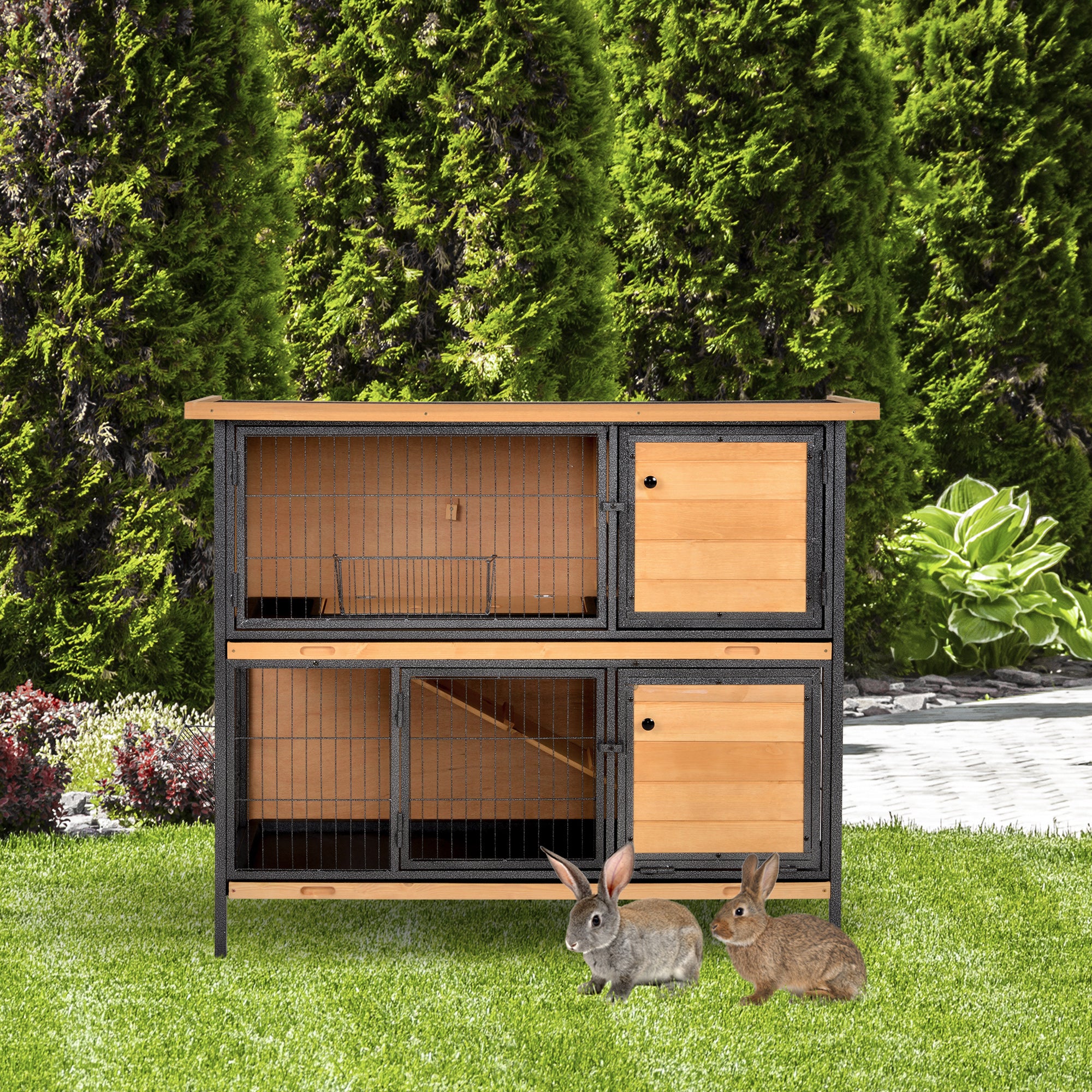 PawHut 48" 2-Floor Large Rabbit Hutch Wooden Pet House Metal Frame Bunny Cage Small Animal Habitat with Ramp Feeding Trough Lockable Doors Run Area Asphalt Roof for Outdoor Use