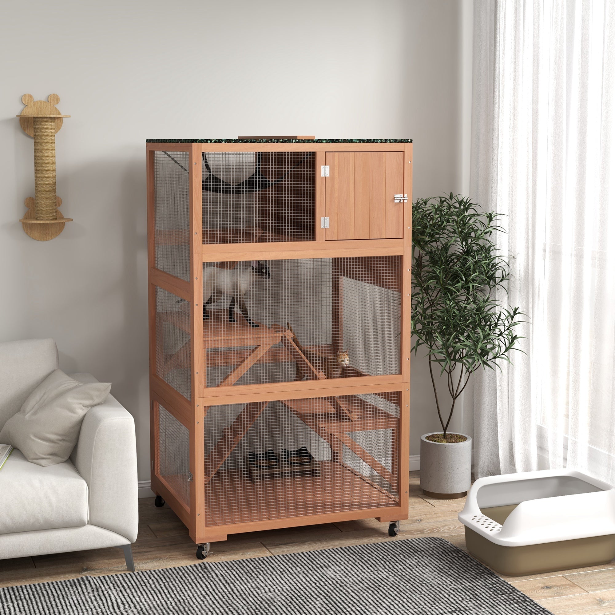 PawHut Catio 34" L Outdoor Cat House on Wheels with Weatherproof Roof Hammock Multiple Platforms Resting Condo Ramps Lockable Doors, for 1-3 Cats, Orange