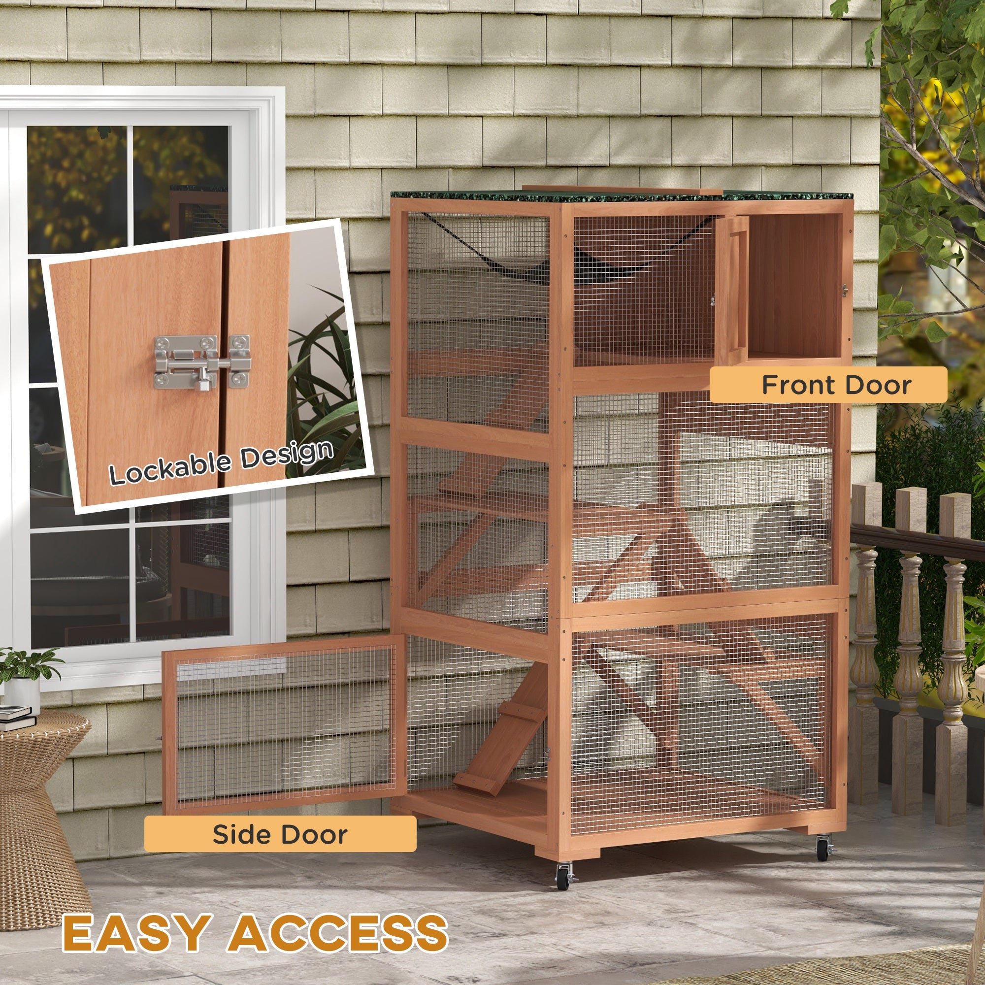 PawHut Catio 34" L Outdoor Cat House on Wheels with Weatherproof Roof Hammock Multiple Platforms Resting Condo Ramps Lockable Doors, for 1-3 Cats, Orange