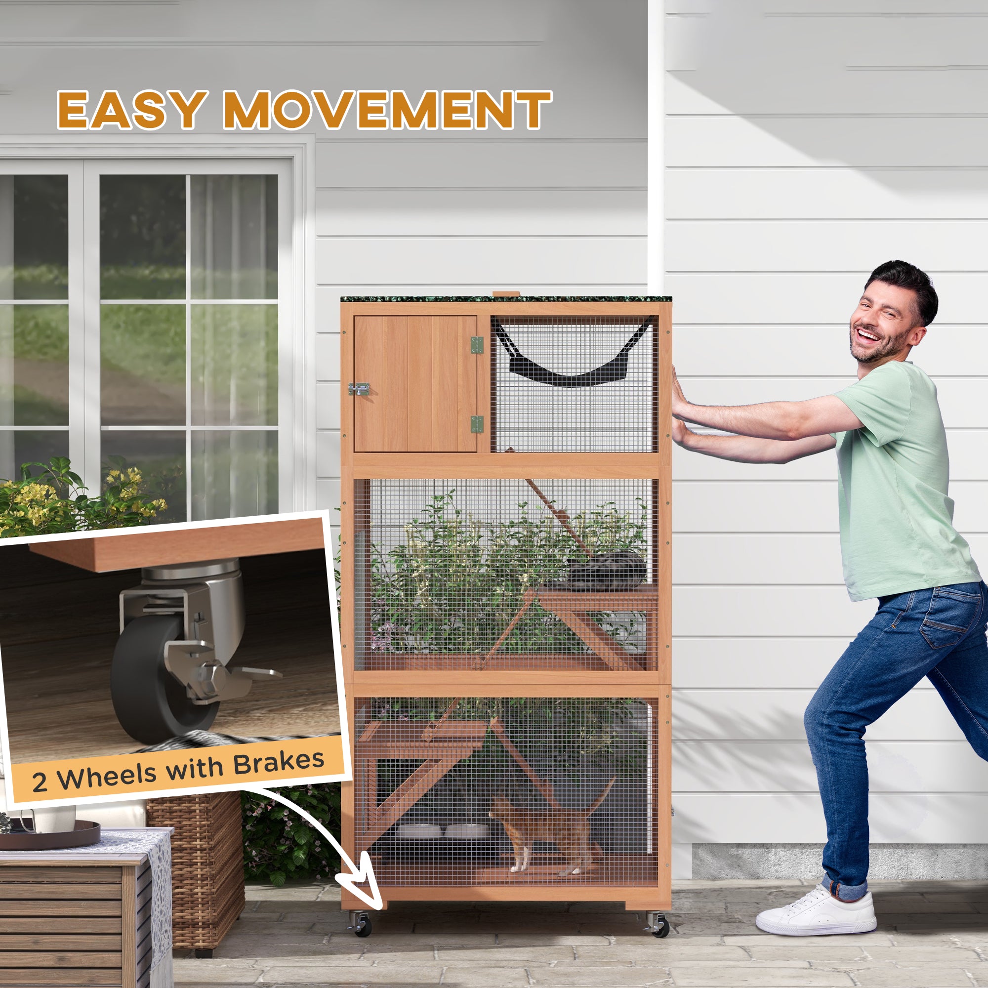 PawHut Catio 34" L Outdoor Cat House on Wheels with Weatherproof Roof Hammock Multiple Platforms Resting Condo Ramps Lockable Doors, for 1-3 Cats, Orange