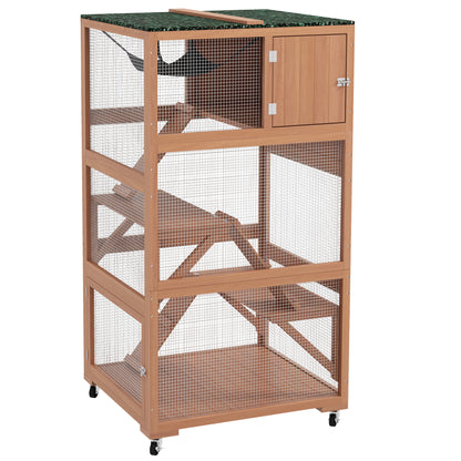PawHut Catio 34" L Outdoor Cat House on Wheels with Weatherproof Roof Hammock Multiple Platforms Resting Condo Ramps Lockable Doors, for 1-3 Cats, Orange