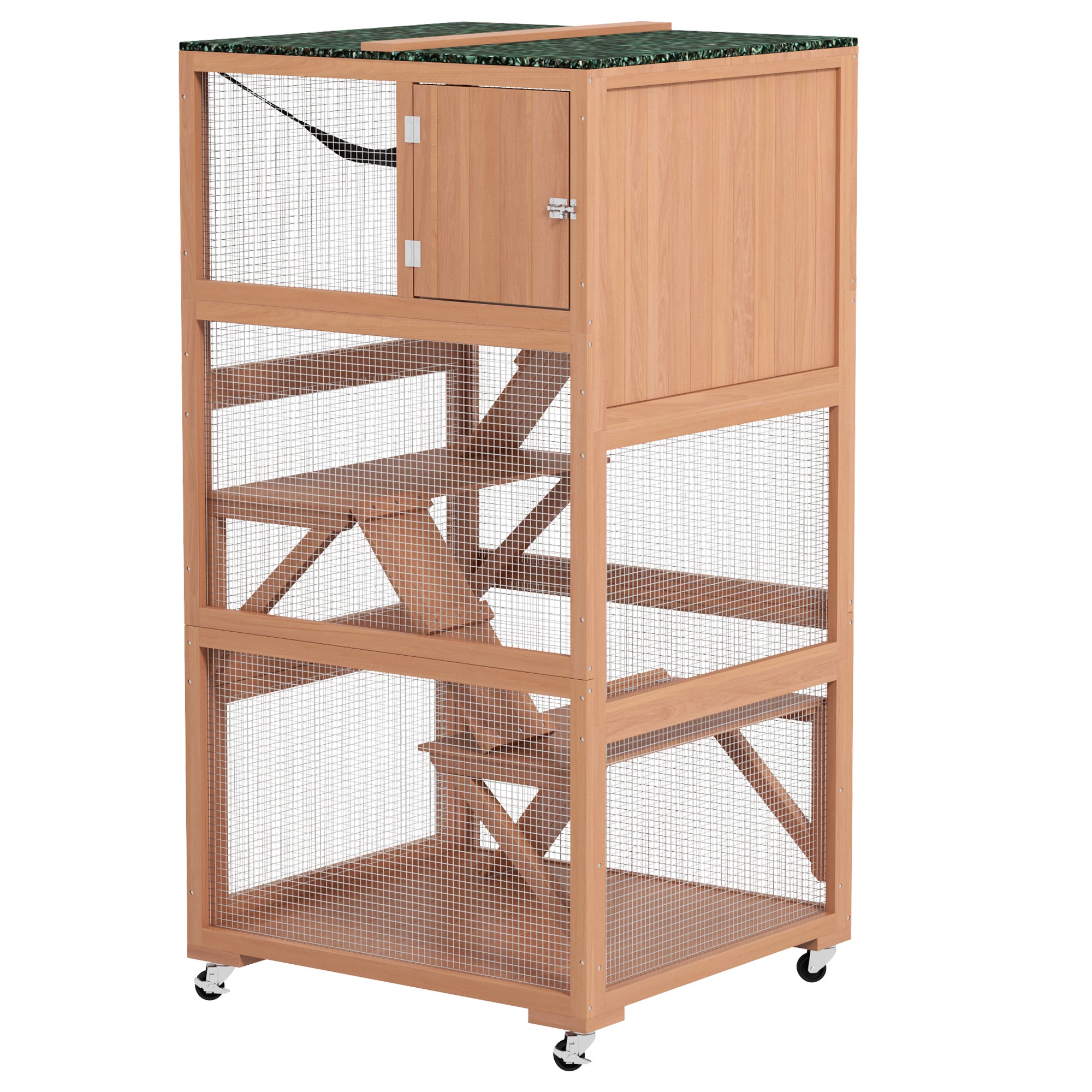 PawHut Catio 34" L Outdoor Cat House on Wheels with Weatherproof Roof Hammock Multiple Platforms Resting Condo Ramps Lockable Doors, for 1-3 Cats, Orange