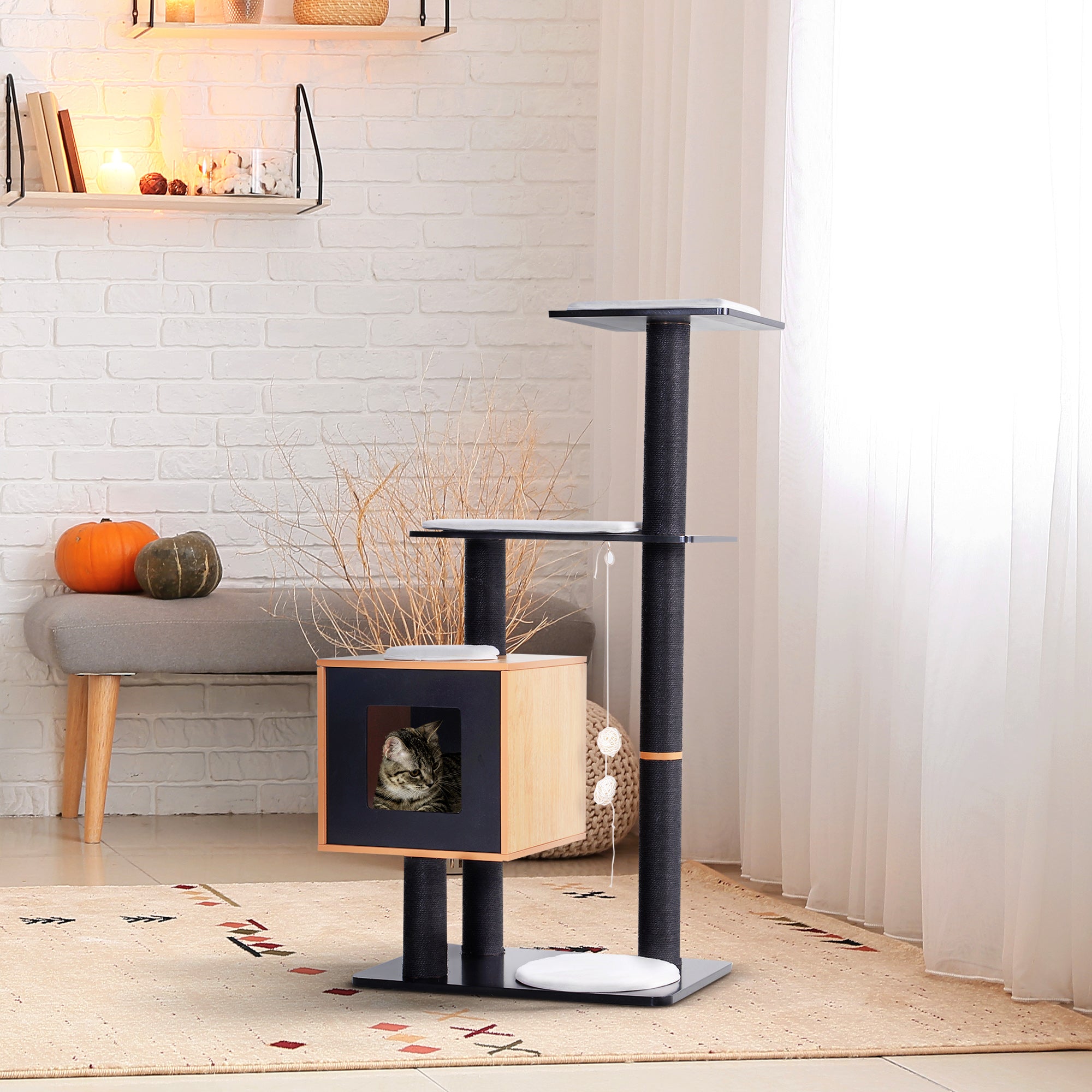 PawHut 47" Wood Cat Tree, Cat Condo Tower with Scratching Post, Toy Ball, Black