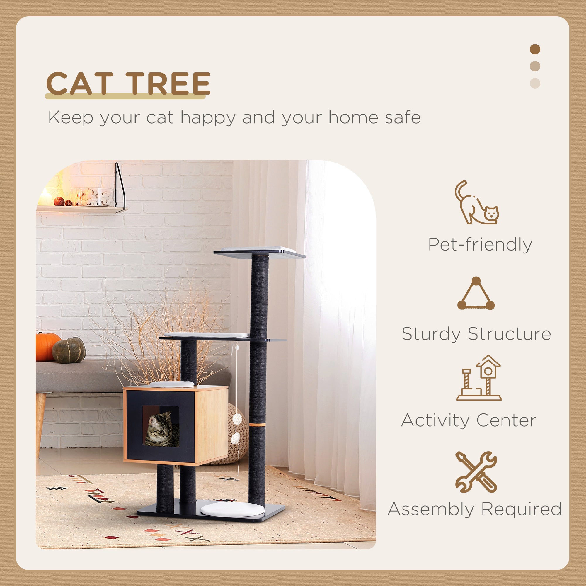 PawHut 47" Wood Cat Tree, Cat Condo Tower with Scratching Post, Toy Ball, Black