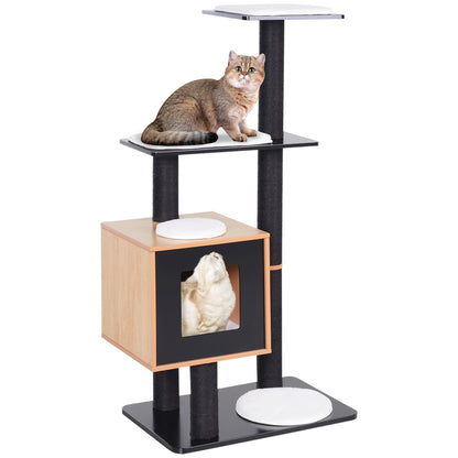 PawHut 47" Wood Cat Tree, Cat Condo Tower with Scratching Post, Toy Ball, Black