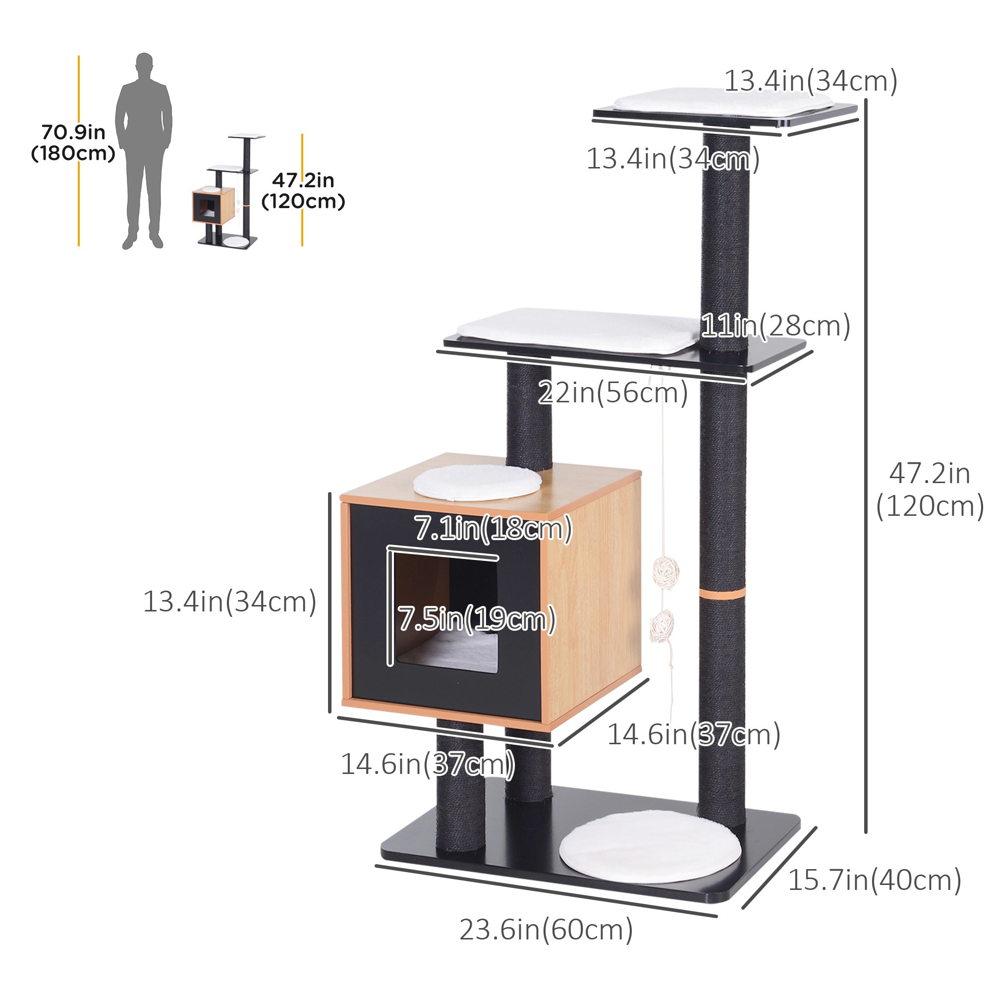 PawHut 47" Wood Cat Tree, Cat Condo Tower with Scratching Post, Toy Ball, Black