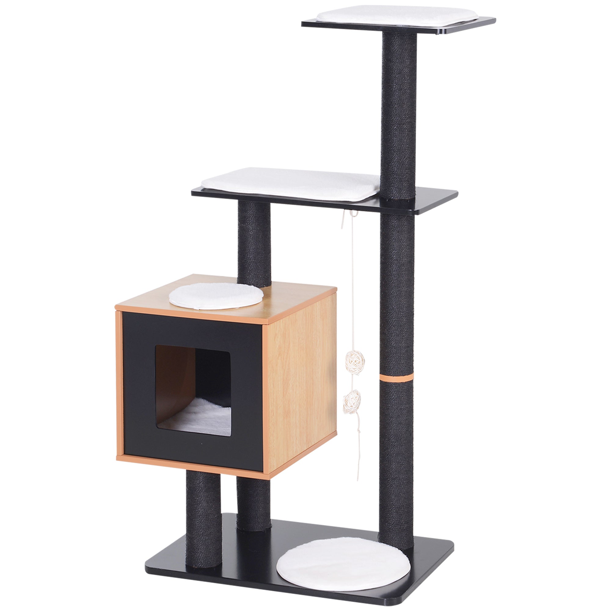 PawHut 47" Wood Cat Tree, Cat Condo Tower with Scratching Post, Toy Ball, Black