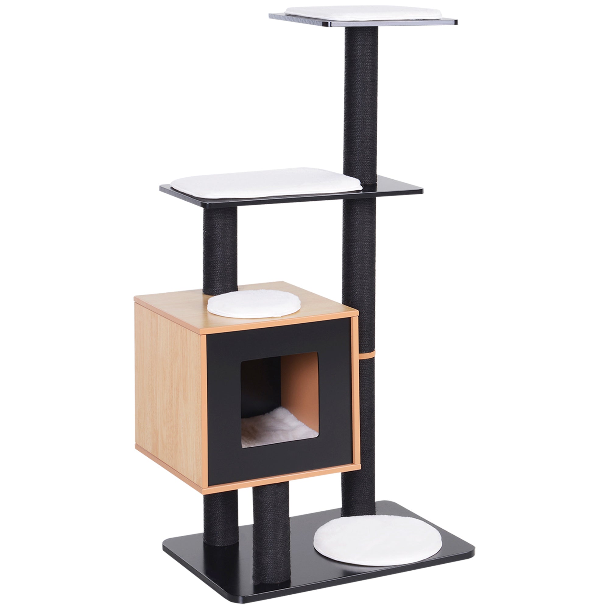 PawHut 47" Wood Cat Tree, Cat Condo Tower with Scratching Post, Toy Ball, Black