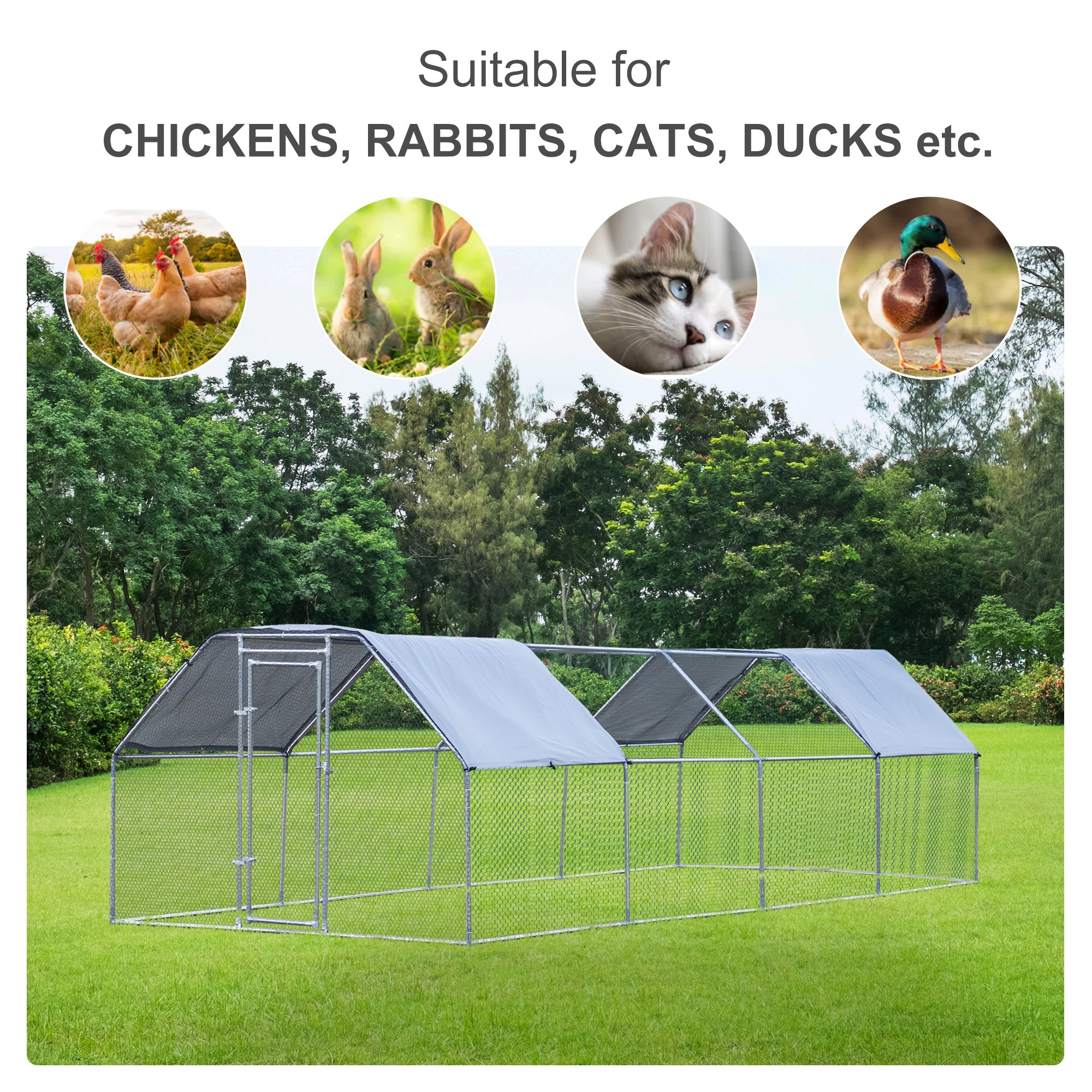 PawHut 9.2' x 24.9' Metal Chicken Coop, Galvanized Walk-in Hen House, Poultry Cage Outdoor Backyard with Waterproof UV-Protection Cover for Rabbits, Ducks