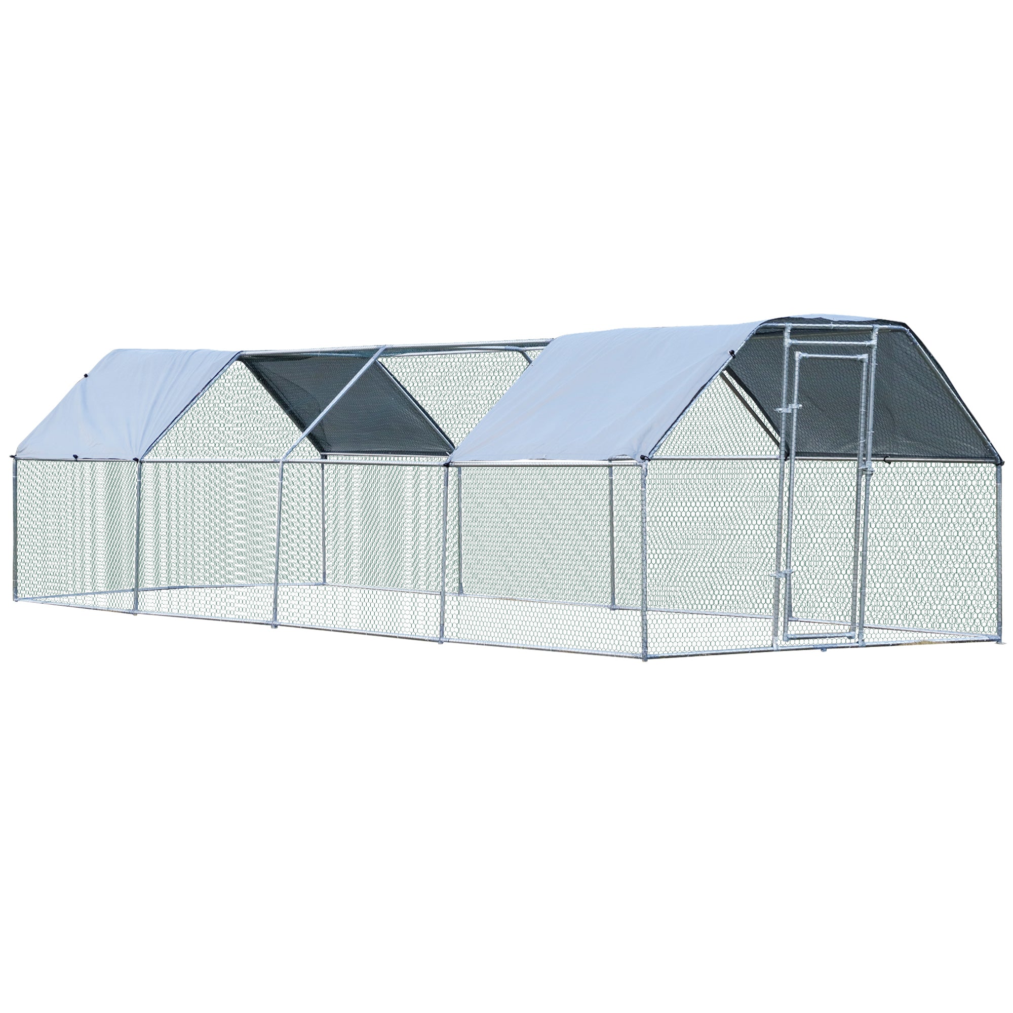 PawHut Large Chicken Coop Metal Chicken Run for Chickens with Waterproof and Anti-UV Cover, Flat Shaped Walk in Fence Cage Hen House for Outdoor and Yard Farm Use, 1.26" Dia, 9' x 24.9' x 6.5'