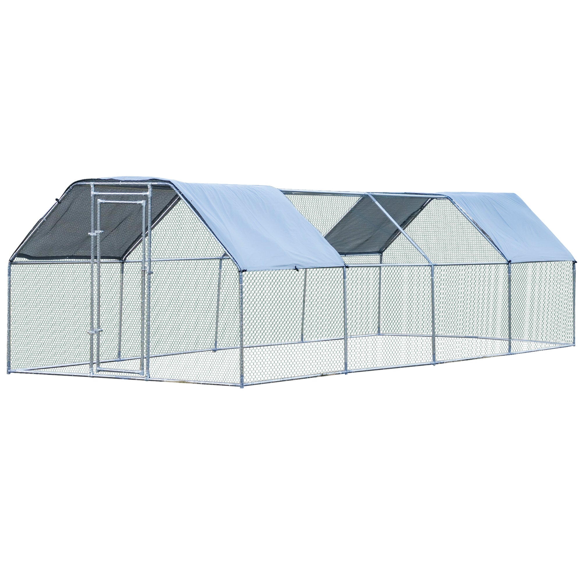 PawHut Large Chicken Coop Metal Chicken Run for Chickens with Waterproof and Anti-UV Cover, Flat Shaped Walk in Fence Cage Hen House for Outdoor and Yard Farm Use, 1.26" Dia, 9' x 24.9' x 6.5'