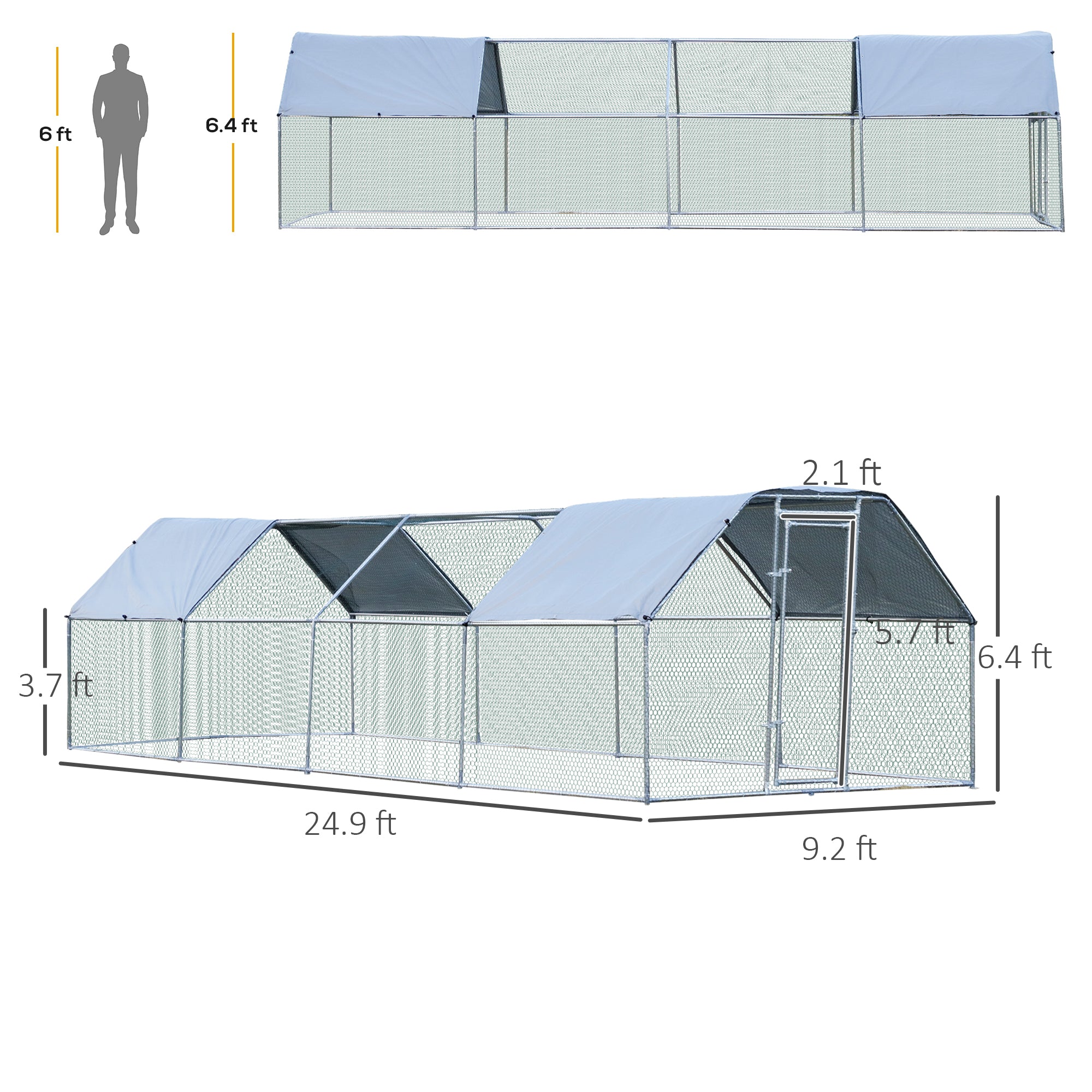 PawHut Large Chicken Coop Metal Chicken Run for Chickens with Waterproof and Anti-UV Cover, Flat Shaped Walk in Fence Cage Hen House for Outdoor and Yard Farm Use, 1.26" Dia, 9' x 24.9' x 6.5'