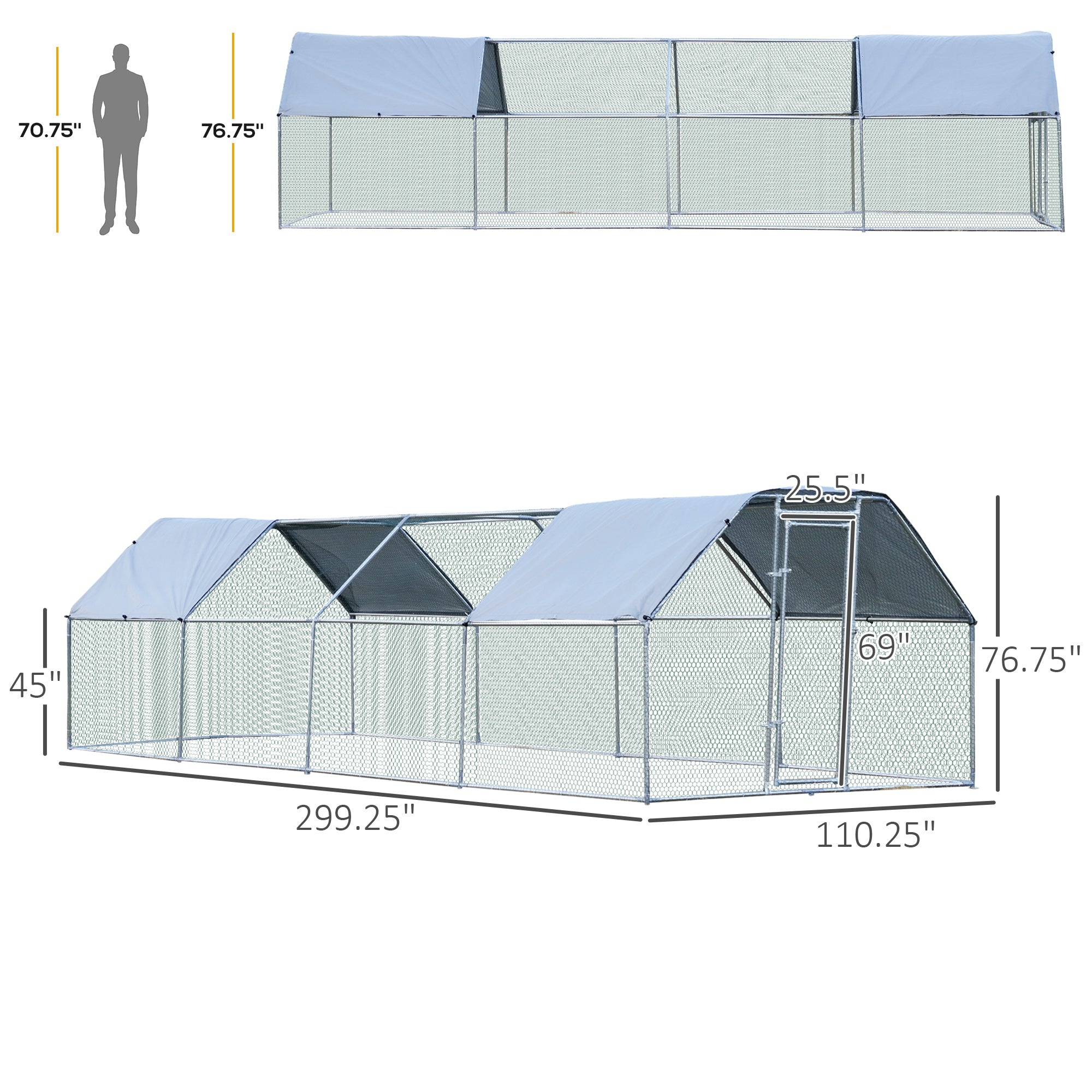 PawHut 9.2' x 24.9' Metal Chicken Coop, Galvanized Walk-in Hen House, Poultry Cage Outdoor Backyard with Waterproof UV-Protection Cover for Rabbits, Ducks