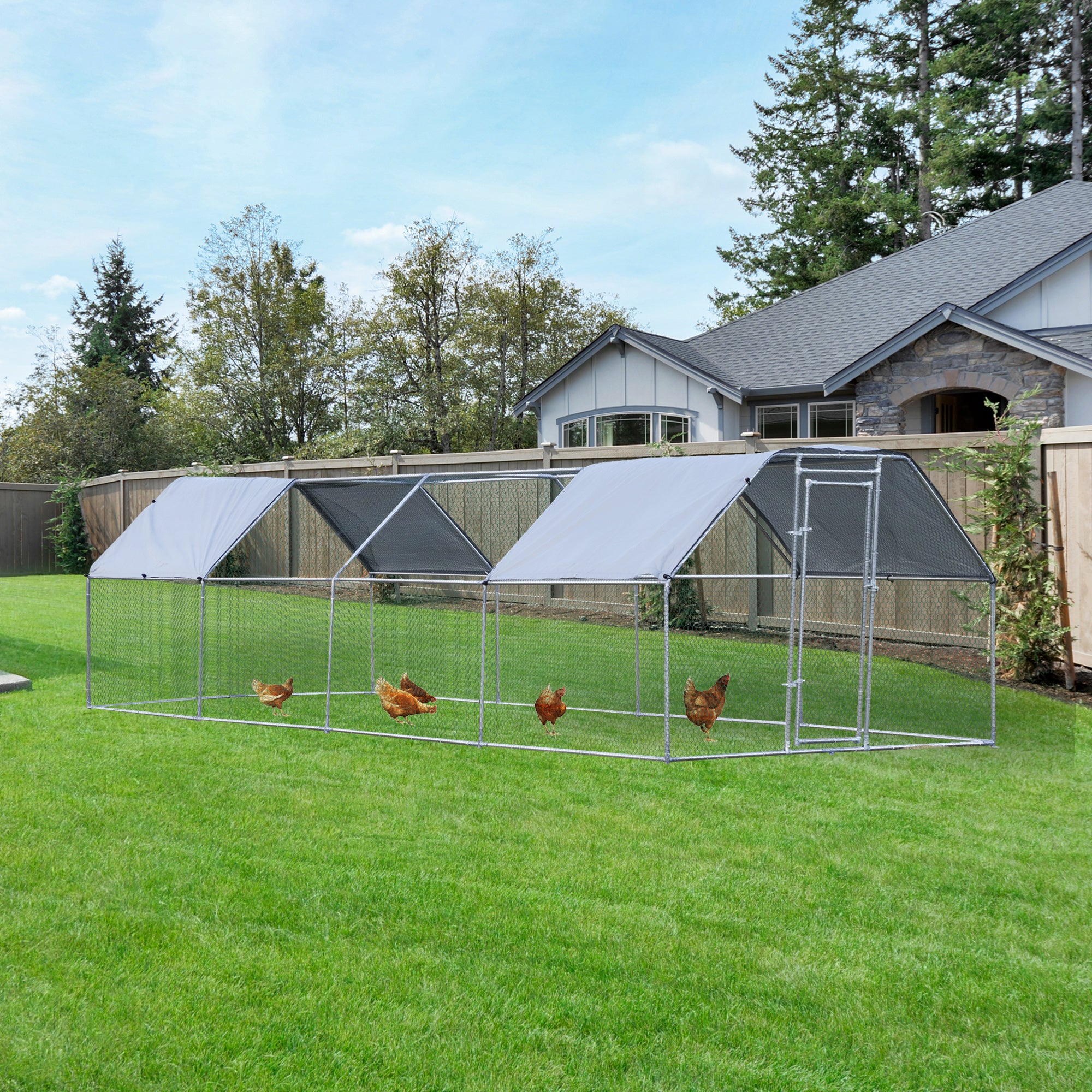 PawHut 9.2' x 24.9' Metal Chicken Coop, Galvanized Walk-in Hen House, Poultry Cage Outdoor Backyard with Waterproof UV-Protection Cover for Rabbits, Ducks