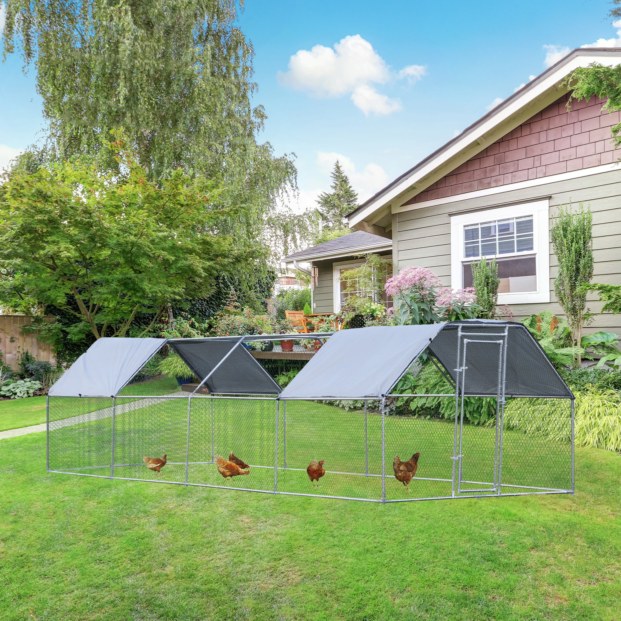 PawHut 9.2' x 24.9' Metal Chicken Coop, Galvanized Walk-in Hen House, Poultry Cage Outdoor Backyard with Waterproof UV-Protection Cover for Rabbits, Ducks