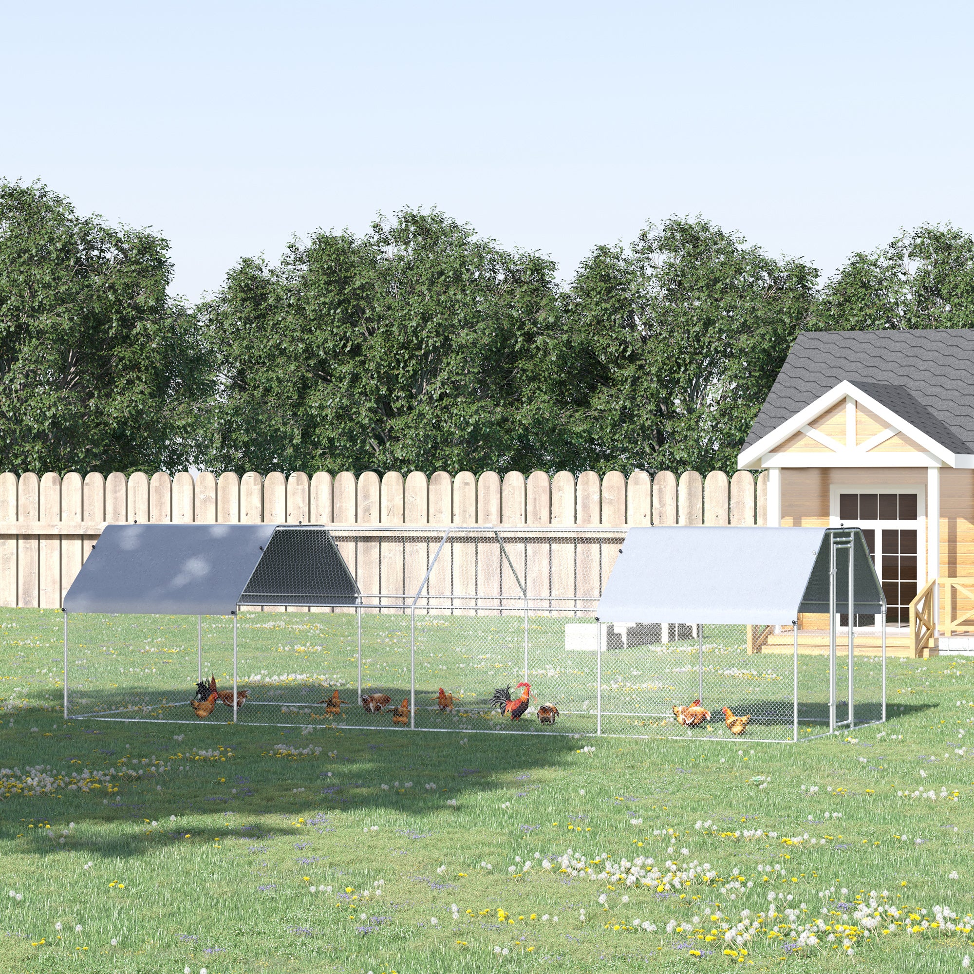 PawHut Large Chicken Coop Metal Chicken Run for Chickens with Waterproof and Anti-UV Cover, Flat Shaped Walk in Fence Cage Hen House for Outdoor and Yard Farm Use, 1.26" Dia, 9' x 24.9' x 6.5'