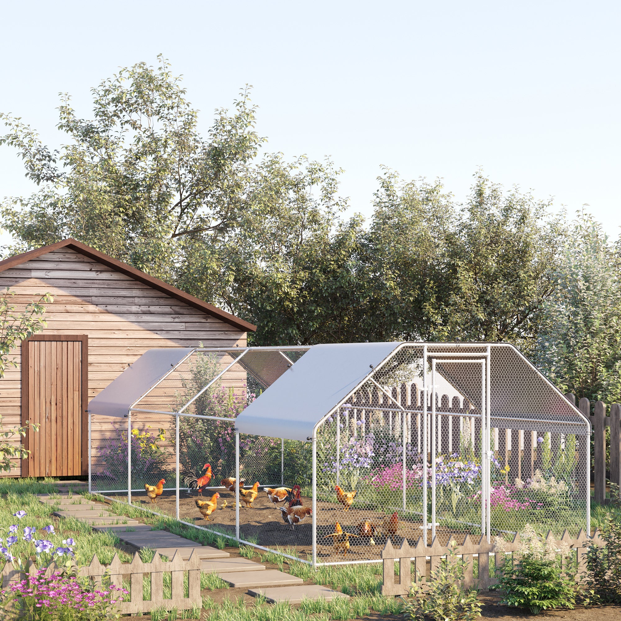 PawHut Large Chicken Coop Metal Chicken Run for Chickens with Waterproof and Anti-UV Cover, Flat Shaped Walk in Fence Cage Hen House for Outdoor and Yard Farm Use, 1.26" Dia, 9' x 24.9' x 6.5'