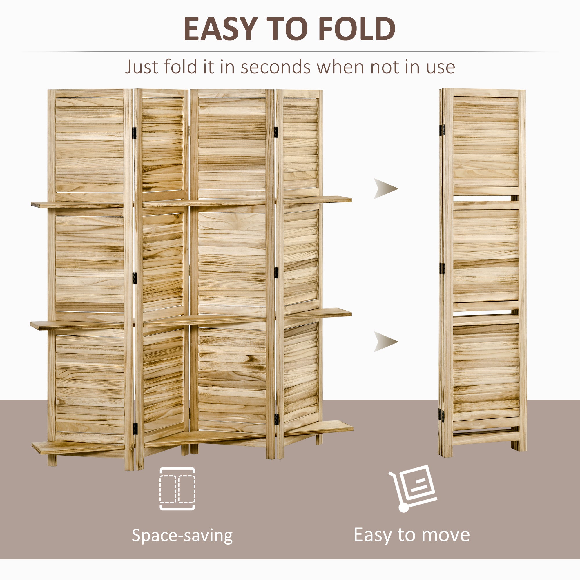 HOMCOM 4 Panel Room Divider with Display Shelf, 5.6 FT Folding Privacy Screen, Portable Freestanding Partition Wall Divider for Home Office, Natural