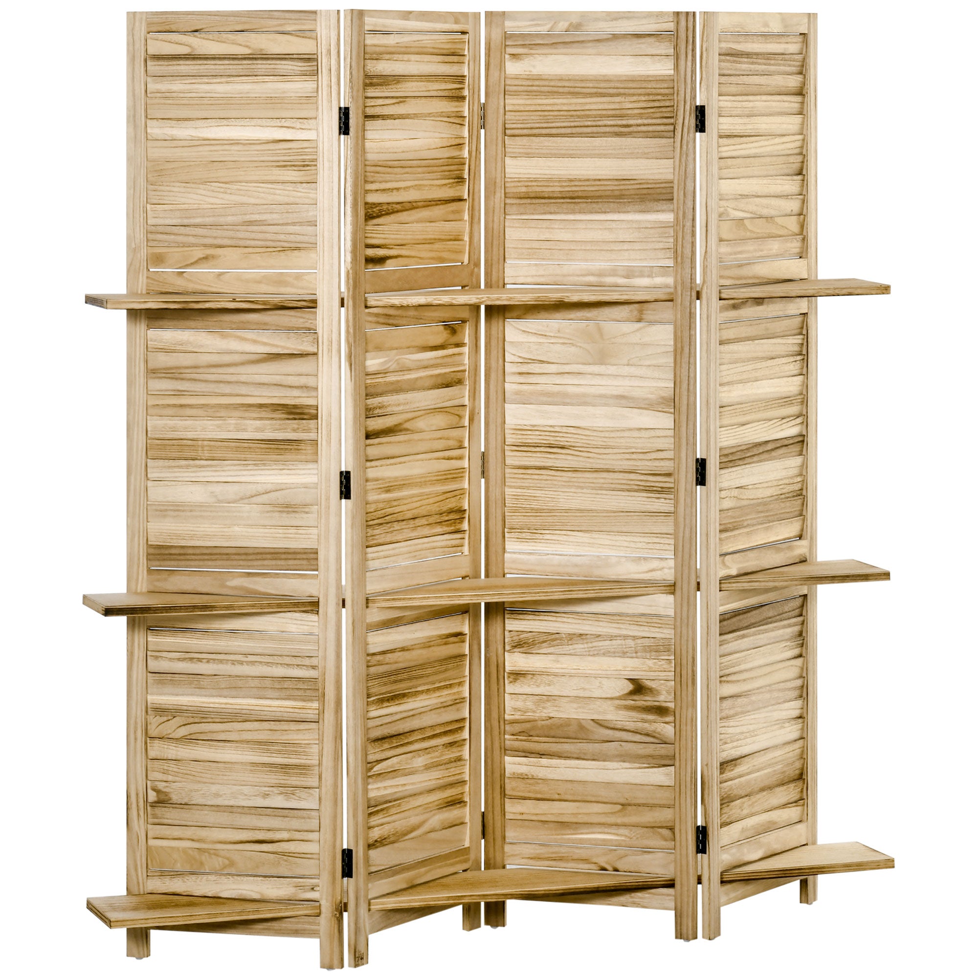 HOMCOM 4 Panel Room Divider with Display Shelf, 5.6 FT Folding Privacy Screen, Portable Freestanding Partition Wall Divider for Home Office, Natural