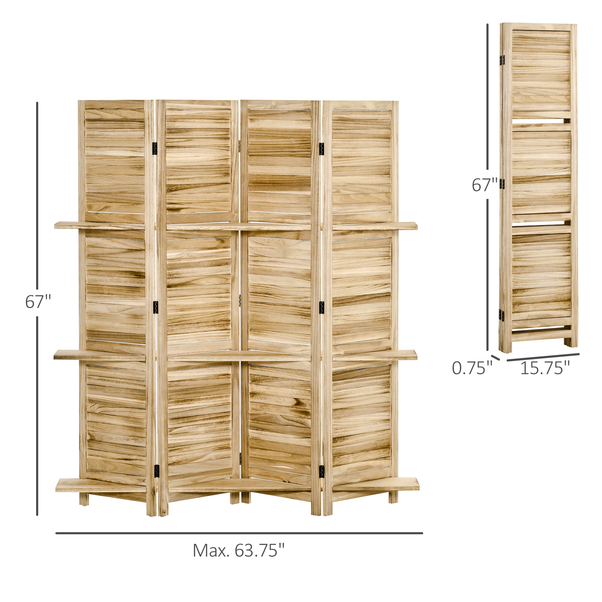 HOMCOM 4 Panel Room Divider with Display Shelf, 5.6 FT Folding Privacy Screen, Portable Freestanding Partition Wall Divider for Home Office, Natural