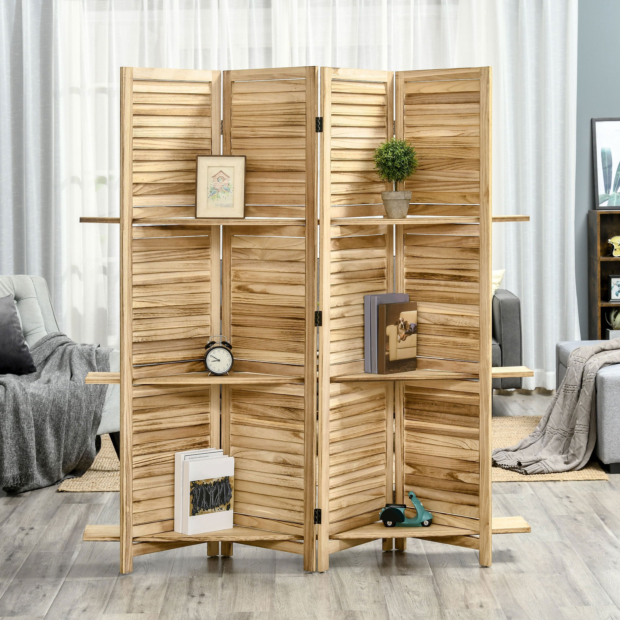 HOMCOM 4 Panel Room Divider with Display Shelf, 5.6 FT Folding Privacy Screen, Portable Freestanding Partition Wall Divider for Home Office, Natural