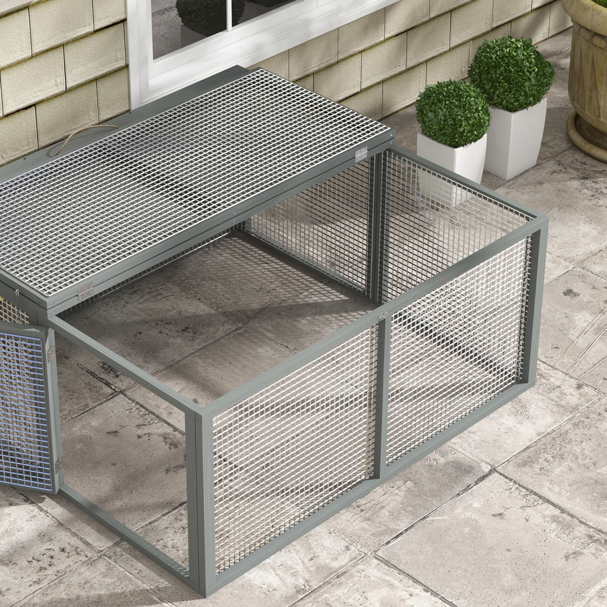 PawHut Rabbit Hutch, Folding Portable Wooden Rabbit Run with Openable Top, for 2-3 Rabbits, Guinea Pig Run for Outdoor, Garden - Grey