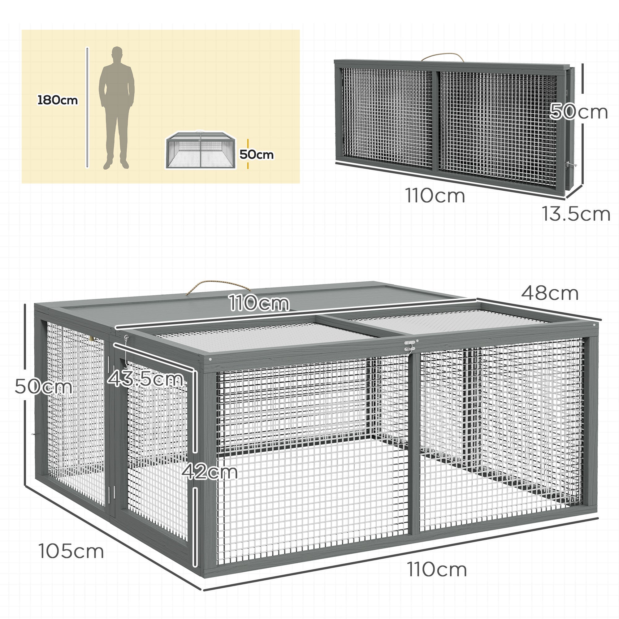 PawHut Rabbit Hutch, Folding Portable Wooden Rabbit Run with Openable Top, for 2-3 Rabbits, Guinea Pig Run for Outdoor, Garden - Grey