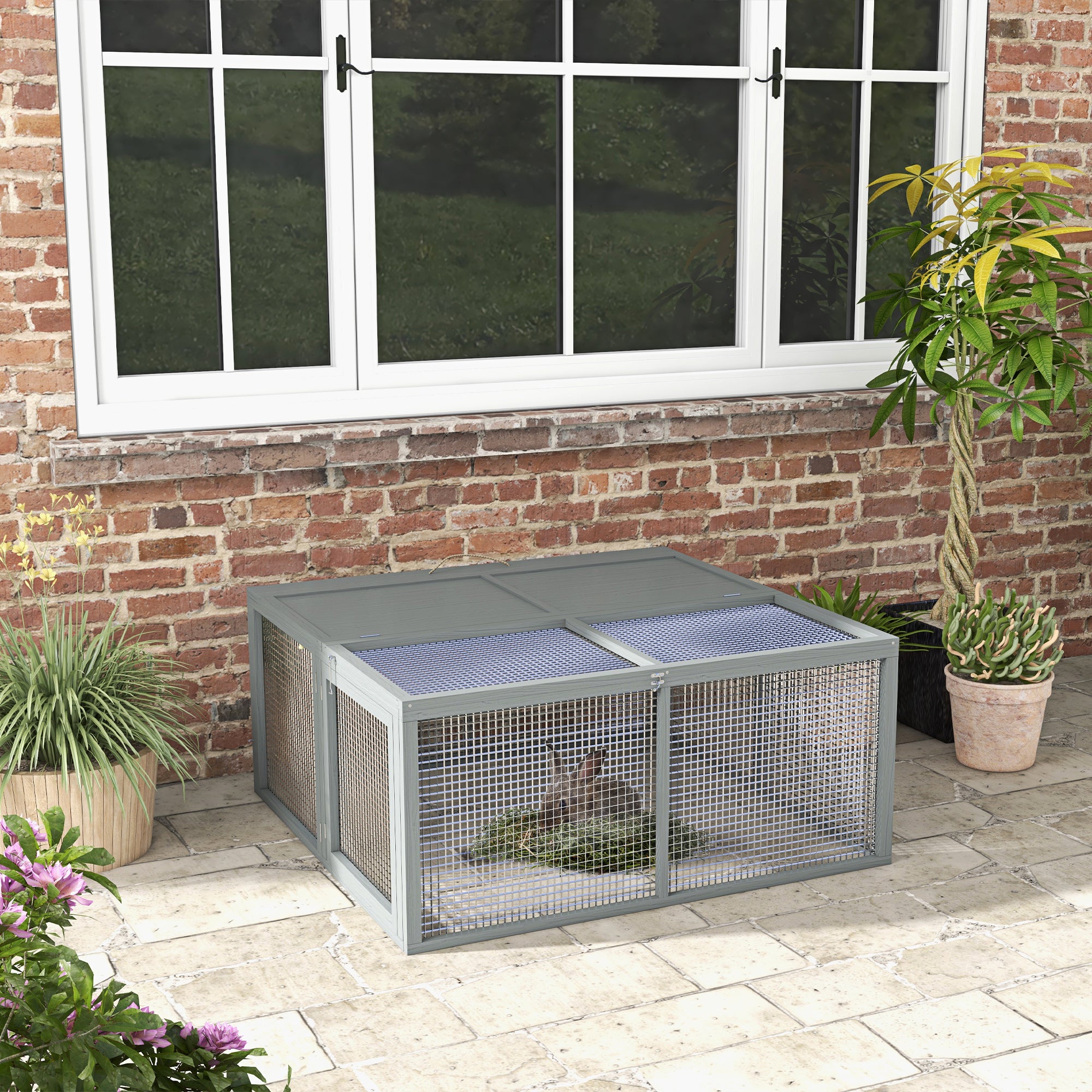 PawHut Rabbit Hutch, Folding Portable Wooden Rabbit Run with Openable Top, for 2-3 Rabbits, Guinea Pig Run for Outdoor, Garden - Grey