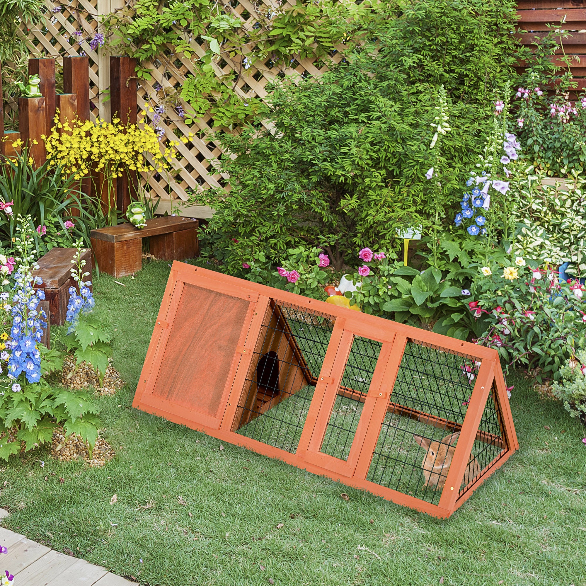 PawHut 47" Triangular Wooden Rabbit Hutch Bunny Guinea Pig House Small Animal Cage Backyard Garden Habitat