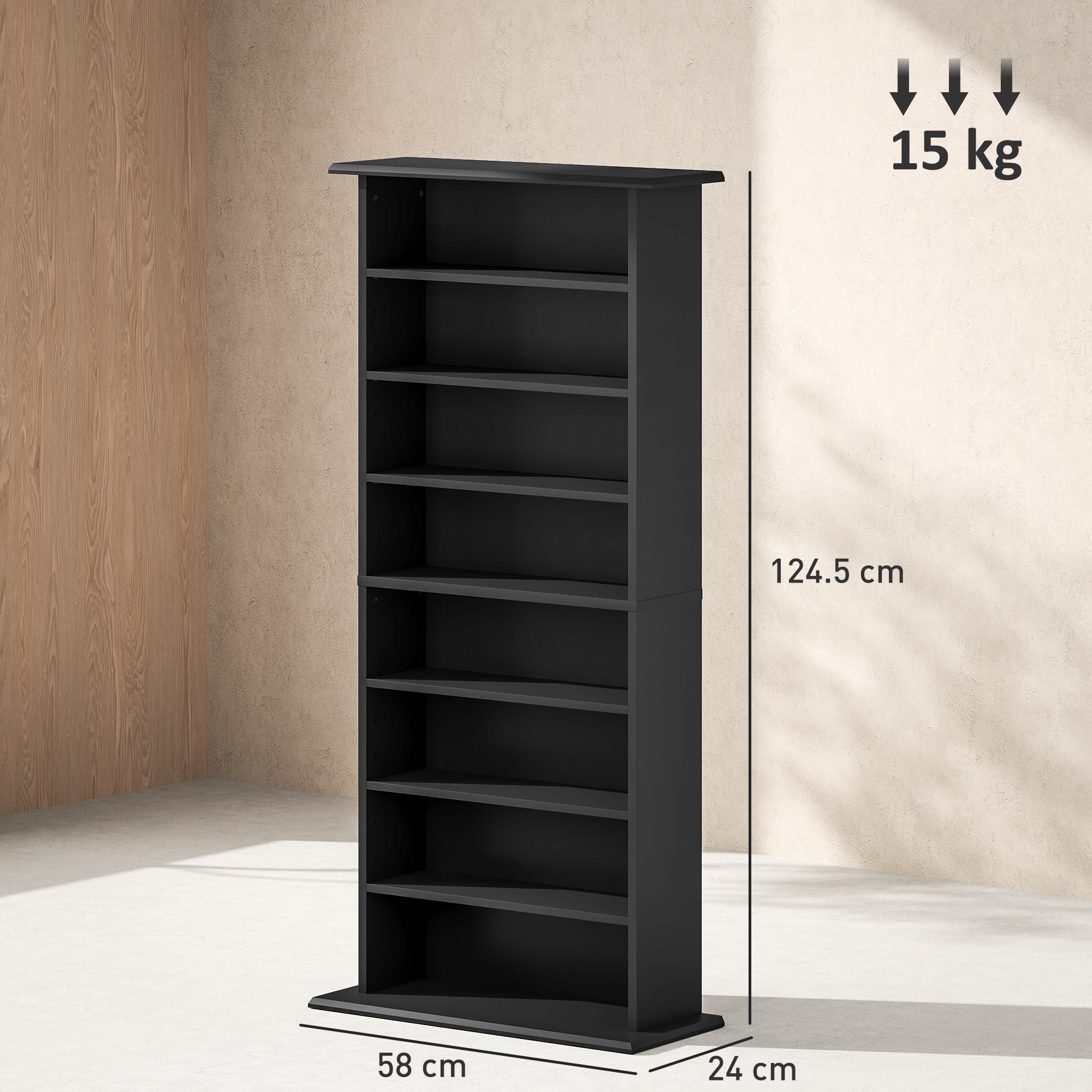 HOMCOM 360 CD/185 DVD Storage Unit, 185 Blu-ray Media Storage Shelf with 8 Compartments and 6 Adjustable Shelves, CD Tower for Living Room, Bedroom, Office, Black