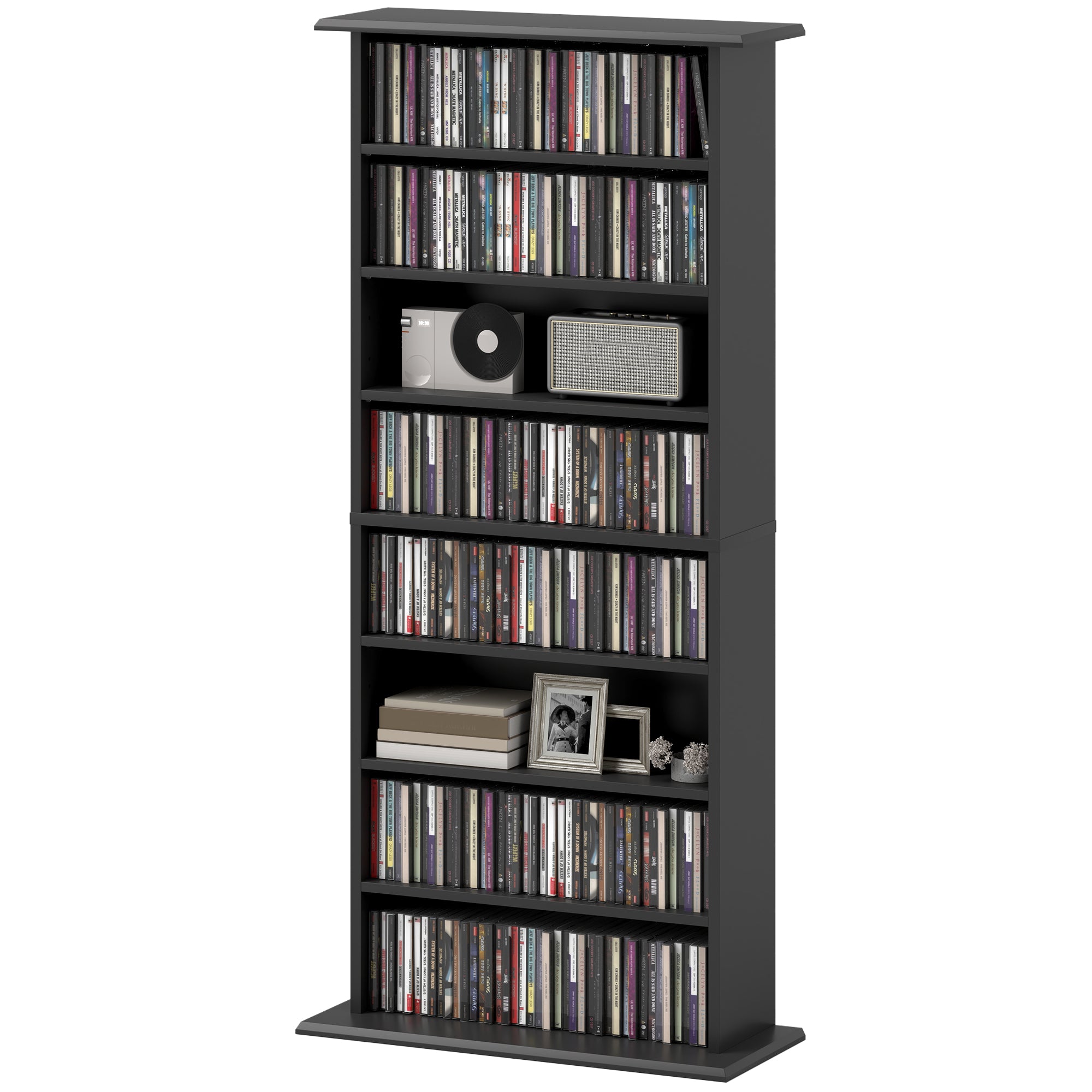 HOMCOM Double Media Storage Cabinet, 8-Tier DVD Shelf with 6 Adjustable Shelves, 8 Compartments, Holds 360 CDs, 185 DVDs or 185 Blu-rays, Black